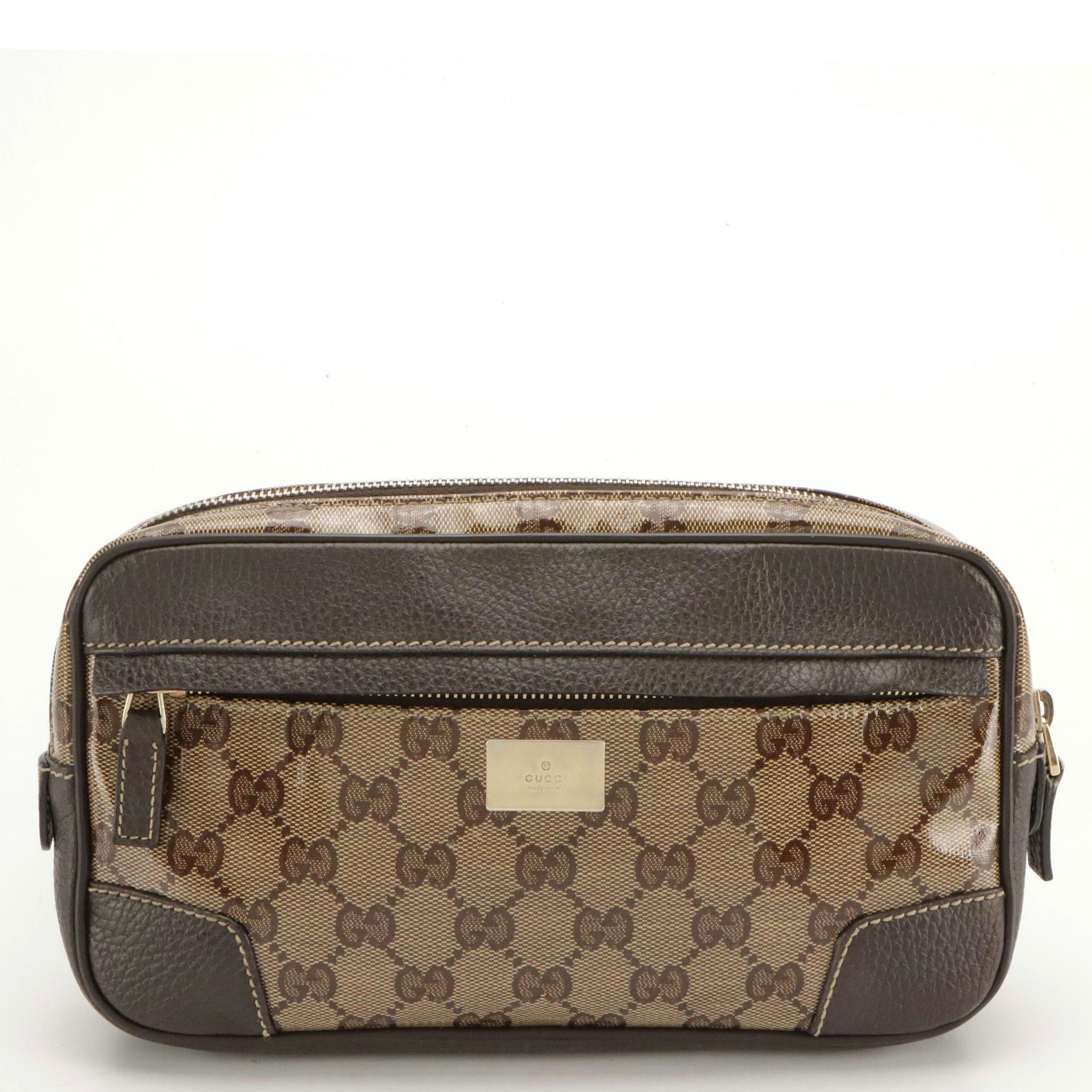 Gucci Belt Bag in GG Crystal Canvas and Brown Leather