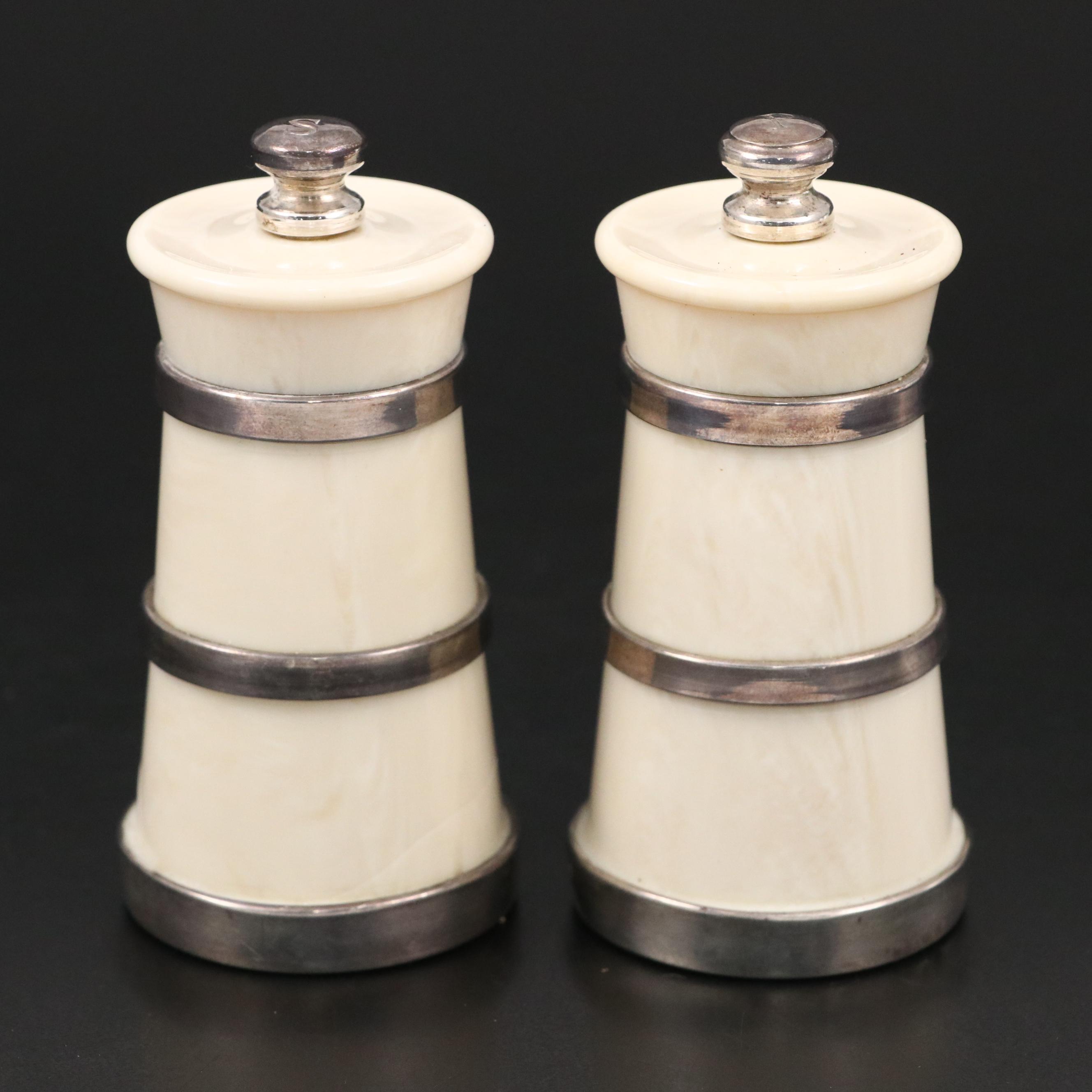 Hersey & Son English Sterling Silver and Ivorine Victorian Churn Shaped Mills