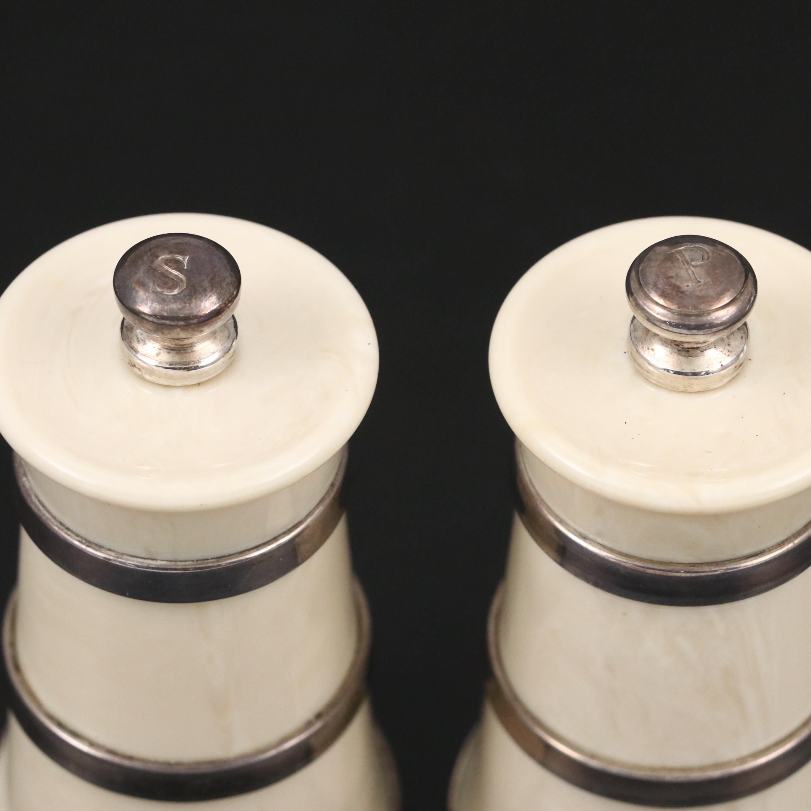 Hersey & Son English Sterling Silver and Ivorine Victorian Churn Shaped Mills