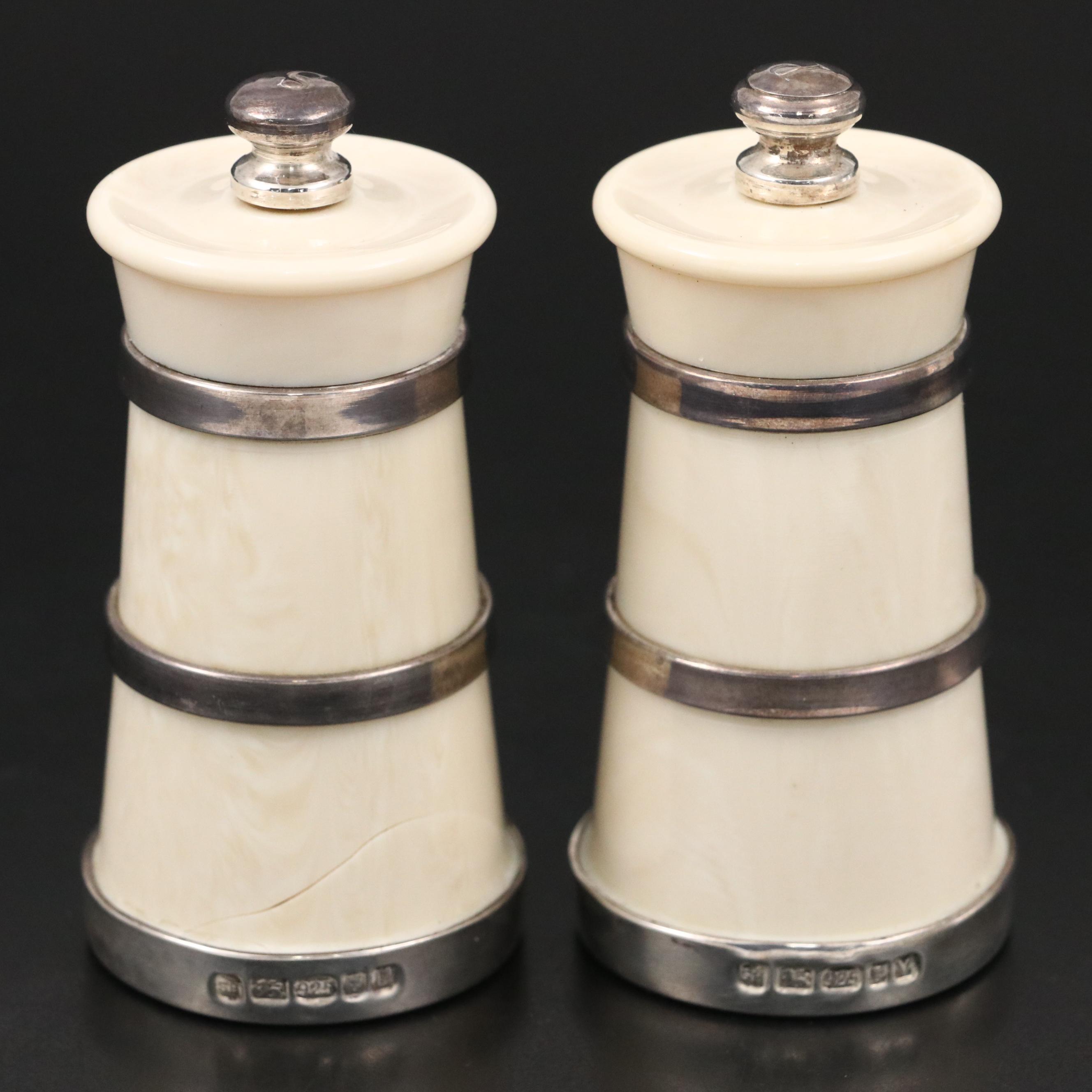 Hersey & Son English Sterling Silver and Ivorine Victorian Churn Shaped Mills