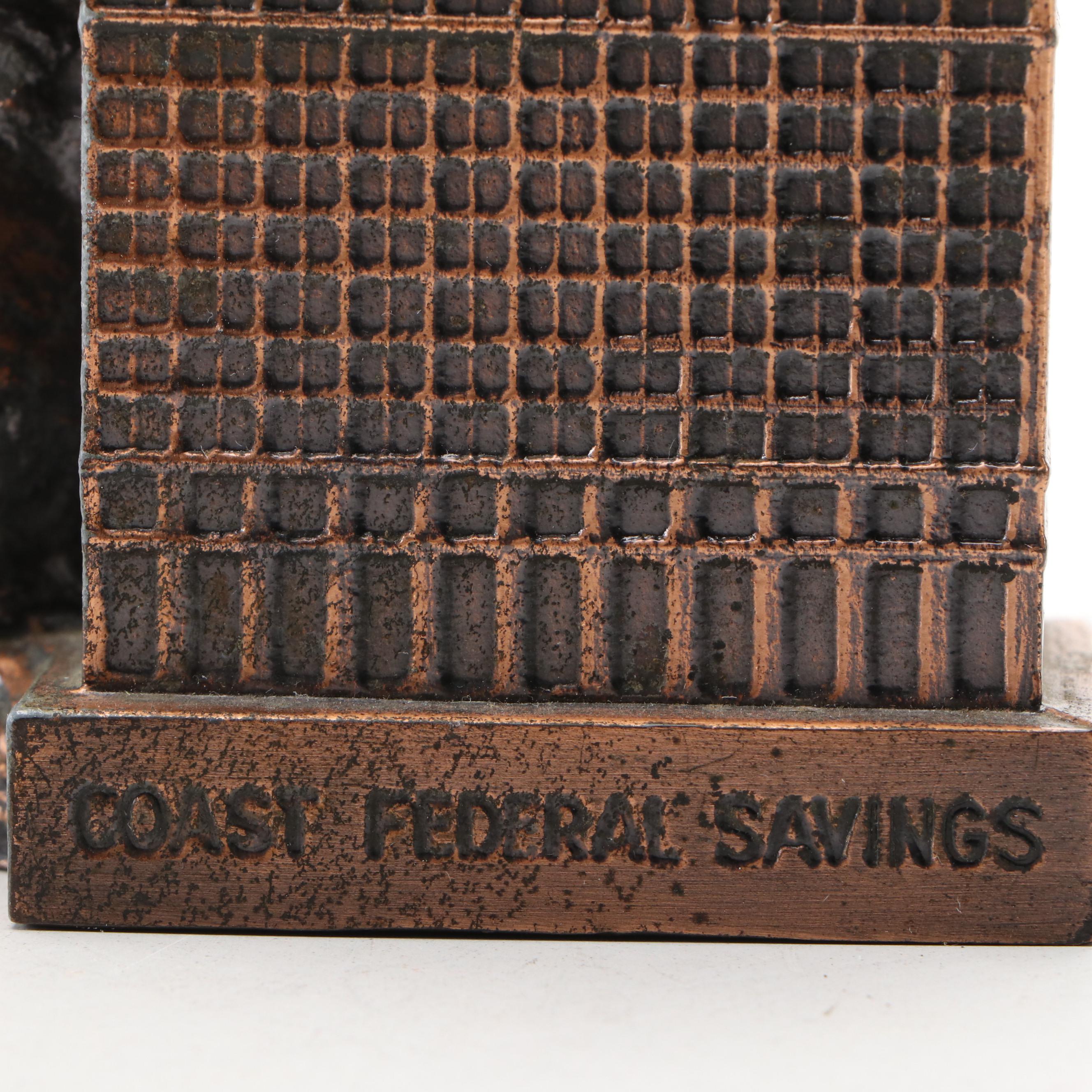 Metallic Painted Cast Iron Coast Federal Savings of LA Coin Bank With Bunny