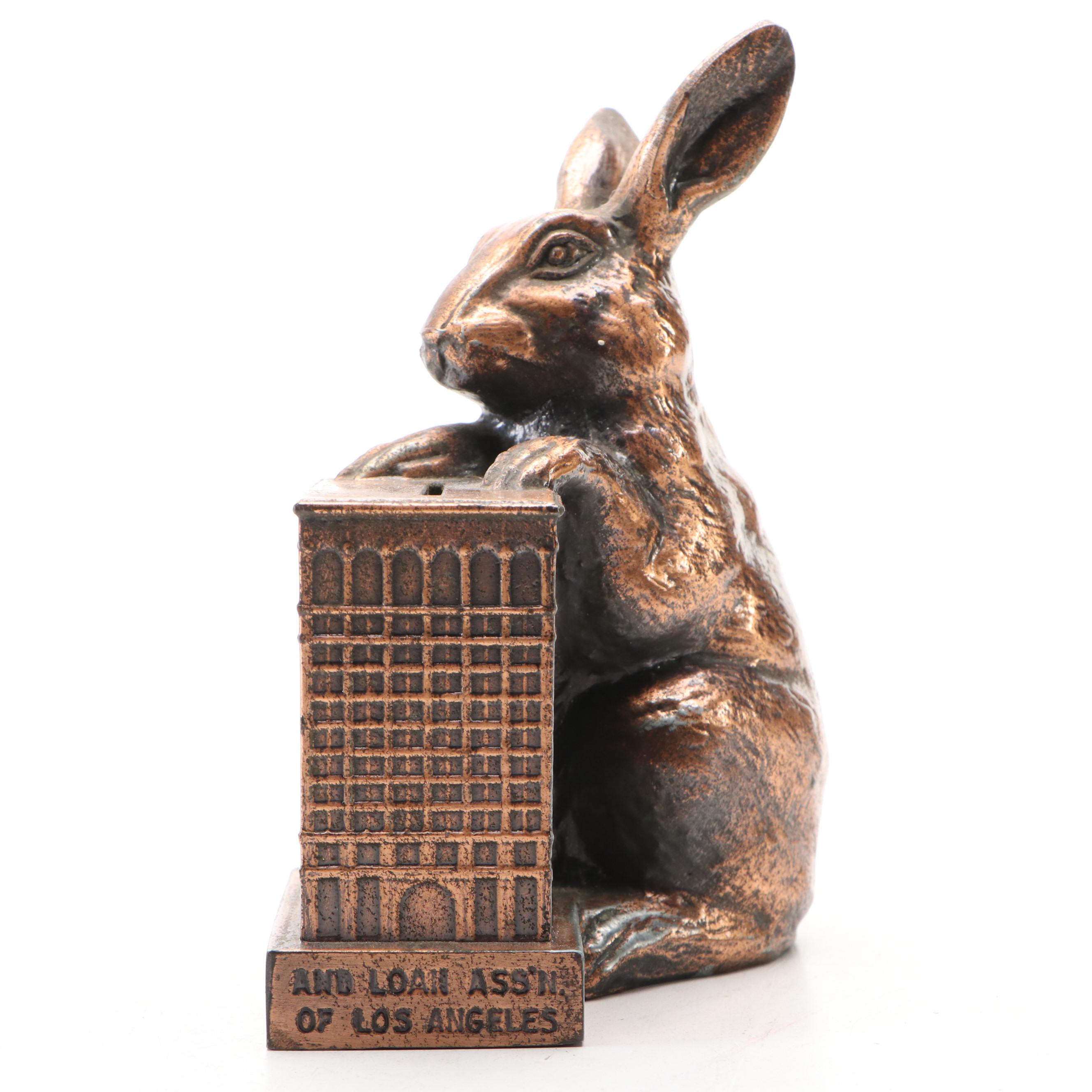 Metallic Painted Cast Iron Coast Federal Savings of LA Coin Bank With Bunny