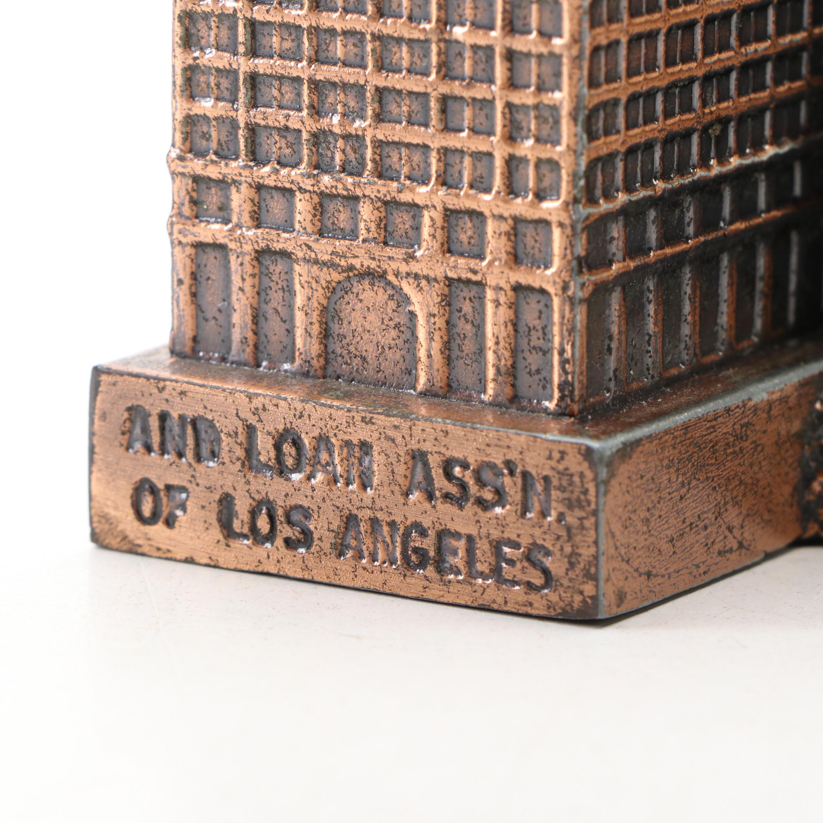 Metallic Painted Cast Iron Coast Federal Savings of LA Coin Bank With Bunny