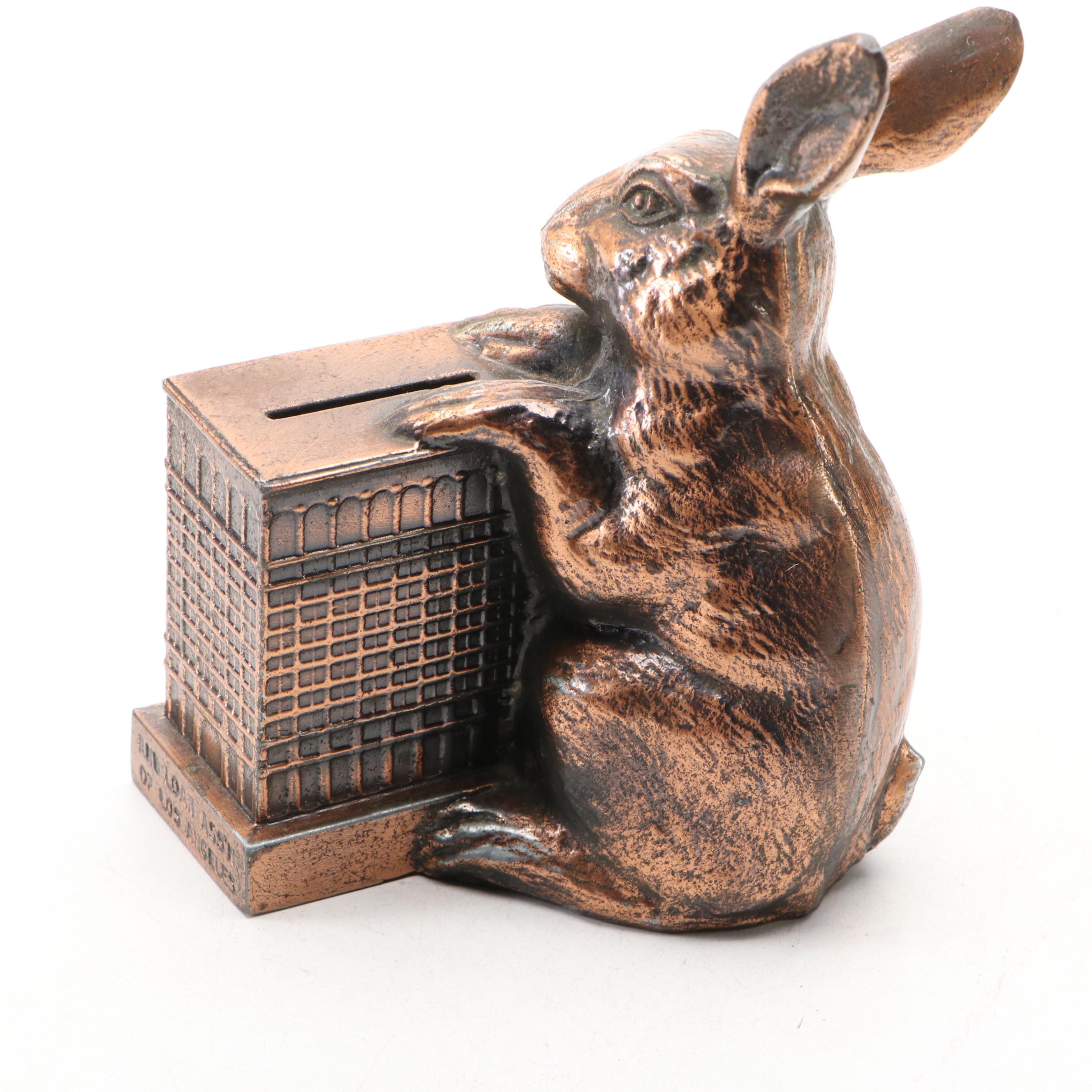 Metallic Painted Cast Iron Coast Federal Savings of LA Coin Bank With Bunny