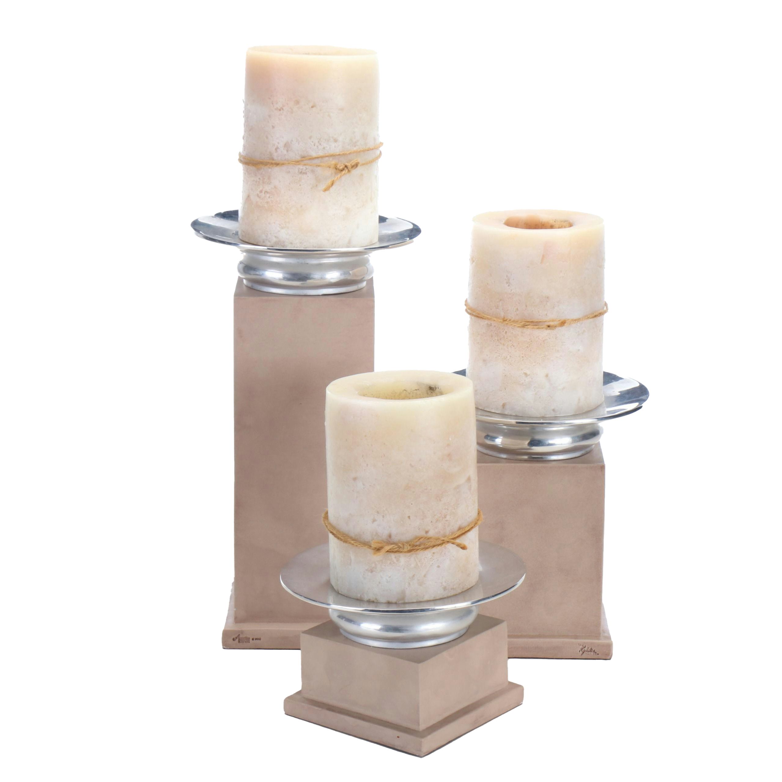 Austin Sculpture Large Ceramic and Glass Candle Holders with Wax Candles