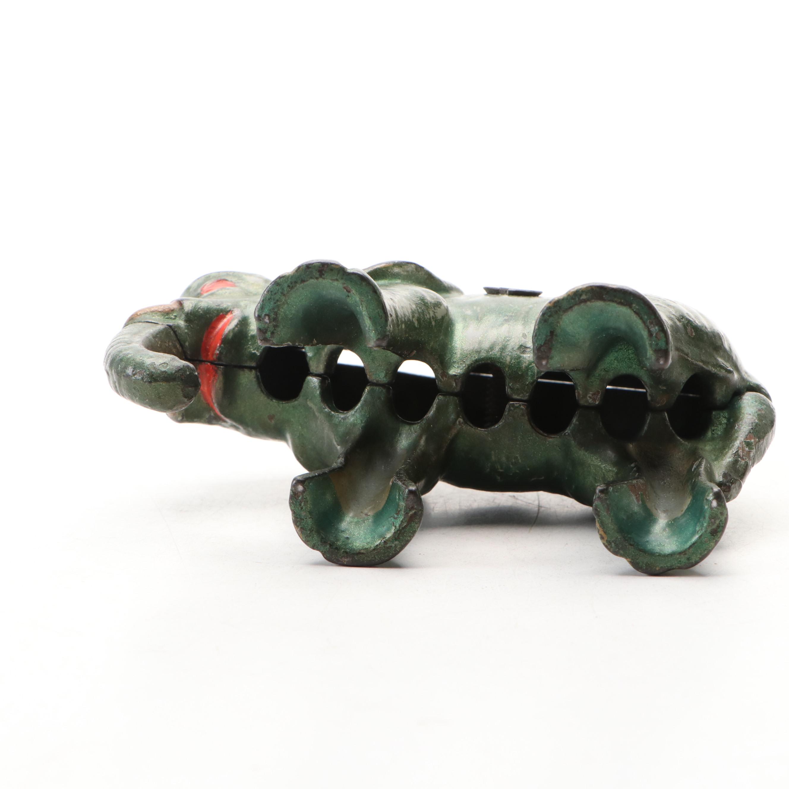 Cold-Painted Cast Iron Green and Gold Baby Elephant Coin Bank