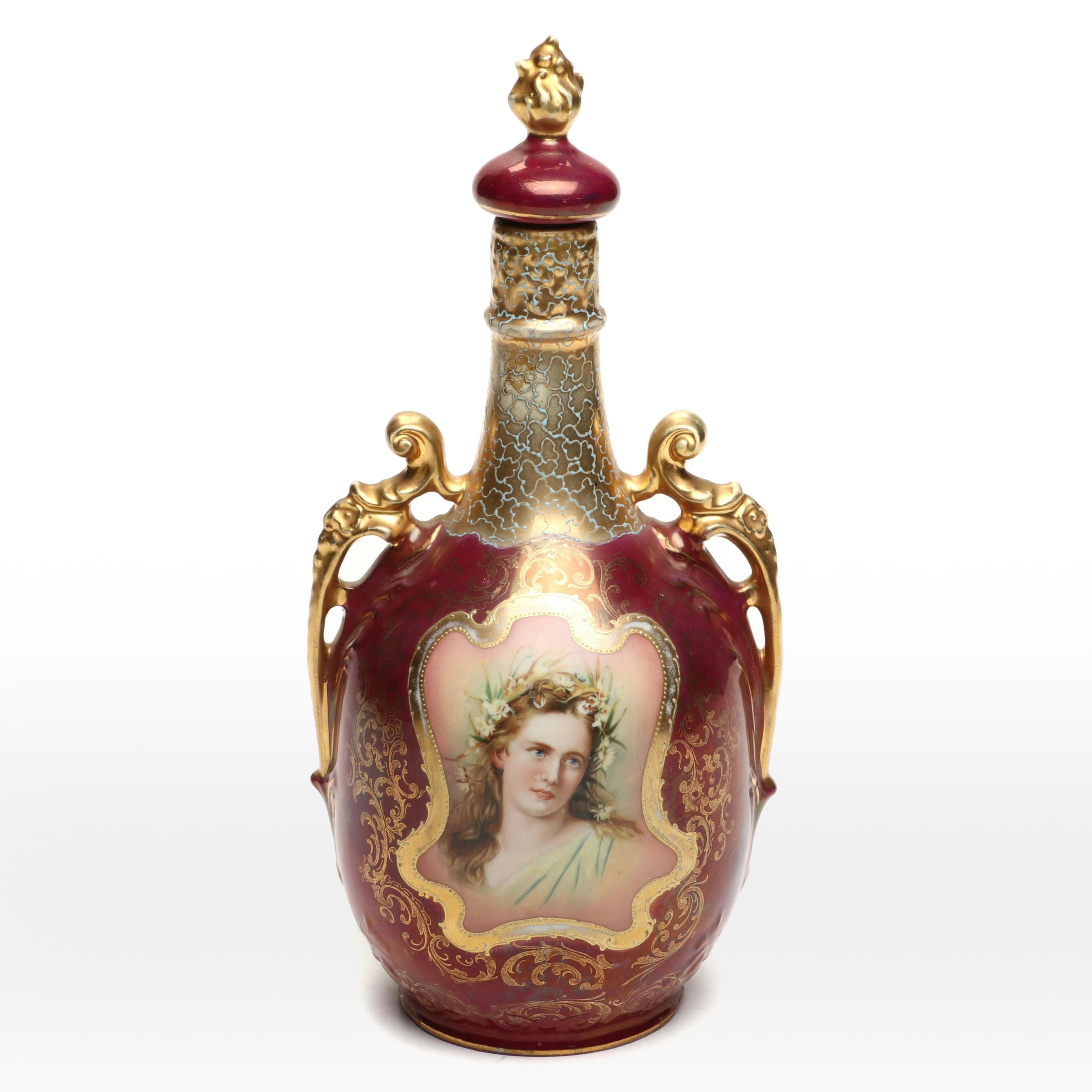 Royal Saxe E.S. Germany Gilt Porcelain Female Portrait Decanter