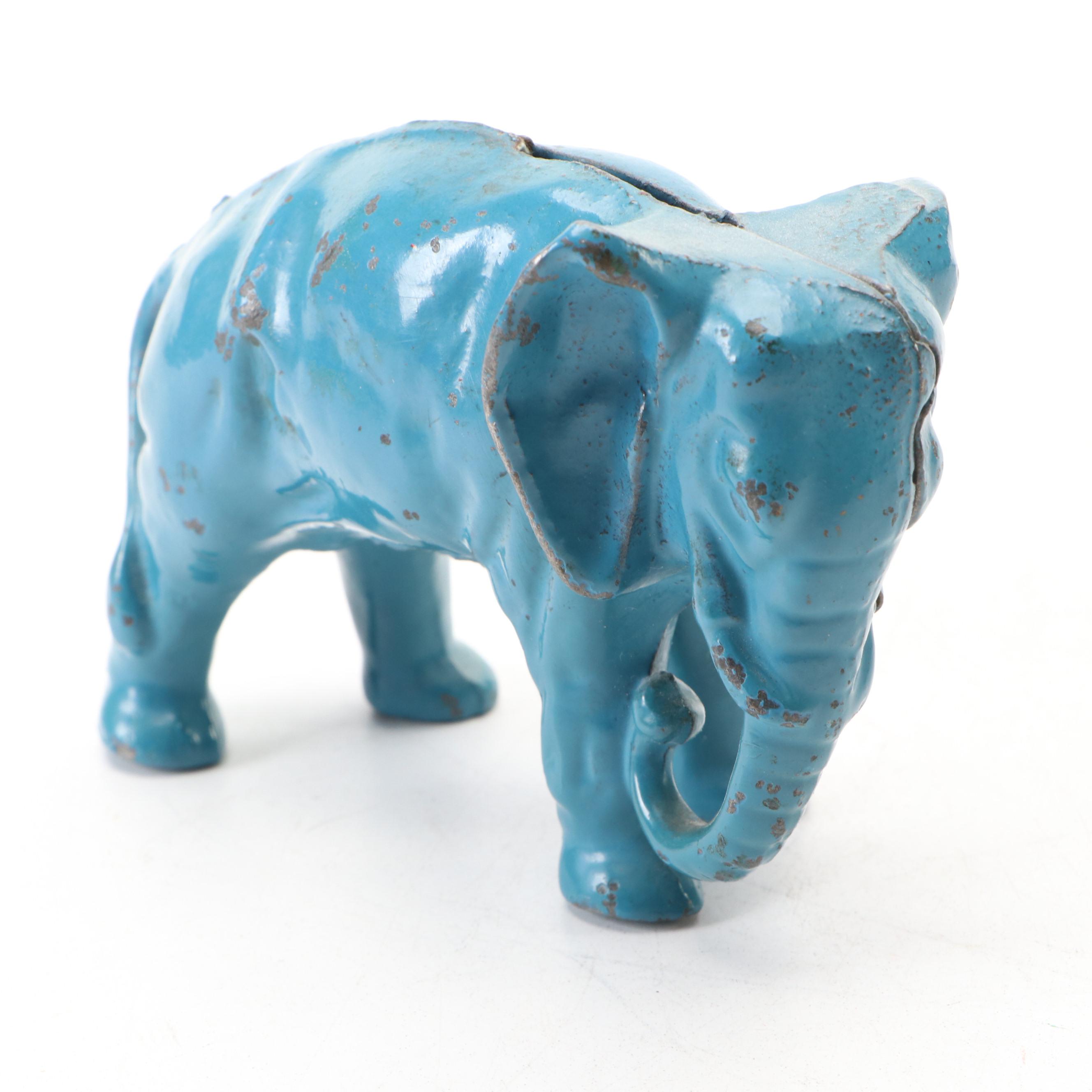 Turquoise Cold-Painted Cast Iron Baby Elephant Coin Bank