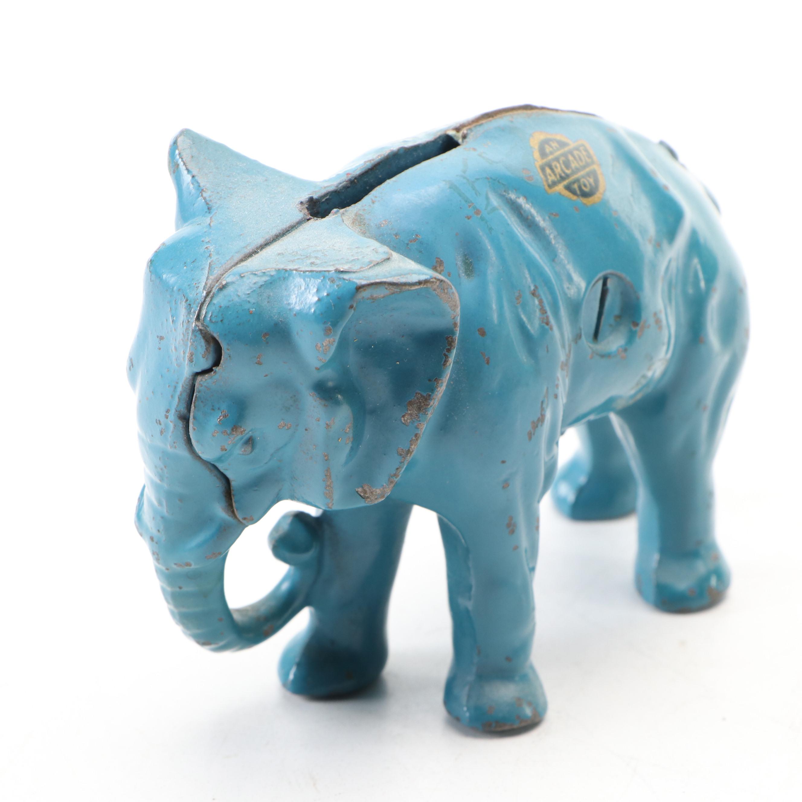 Turquoise Cold-Painted Cast Iron Baby Elephant Coin Bank