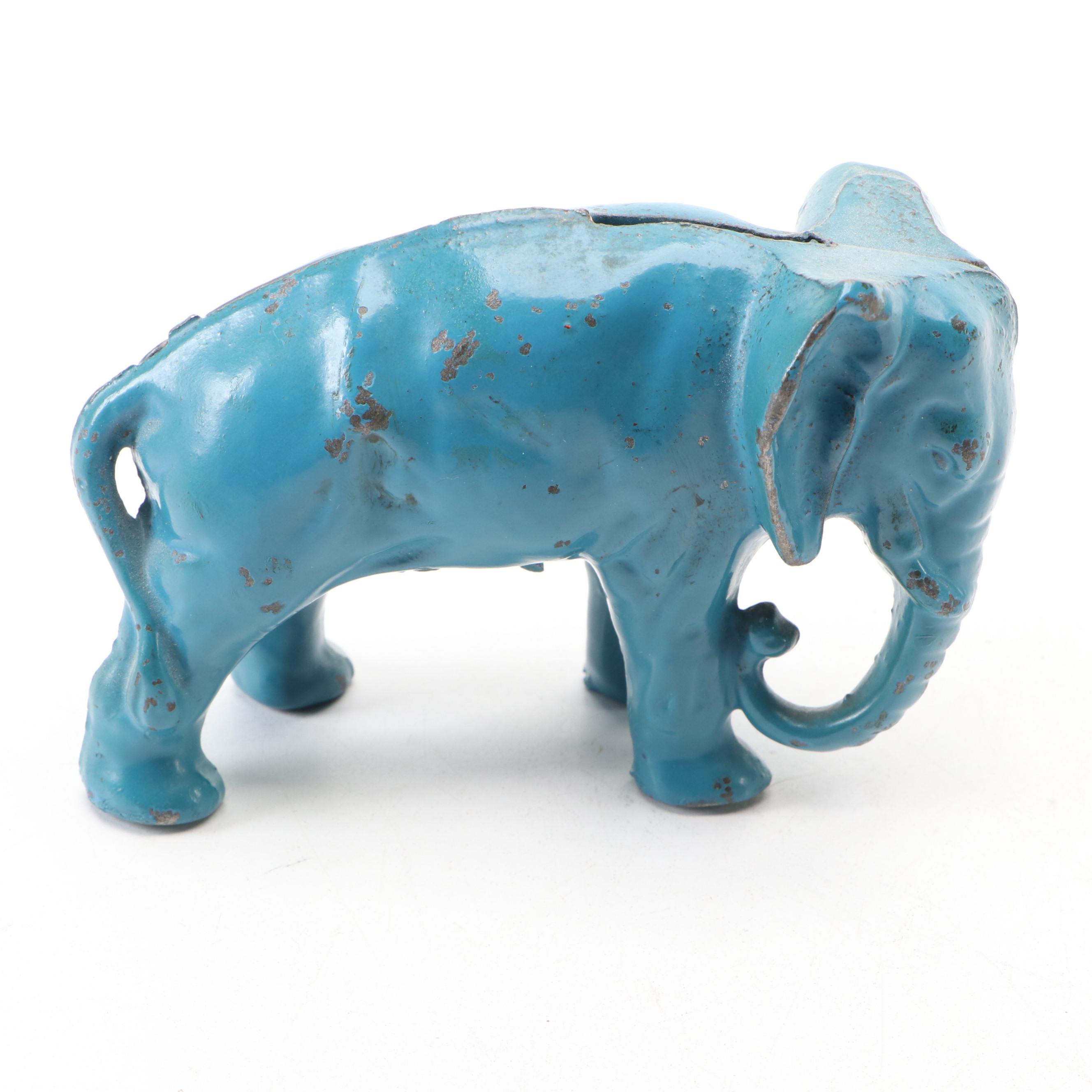 Turquoise Cold-Painted Cast Iron Baby Elephant Coin Bank