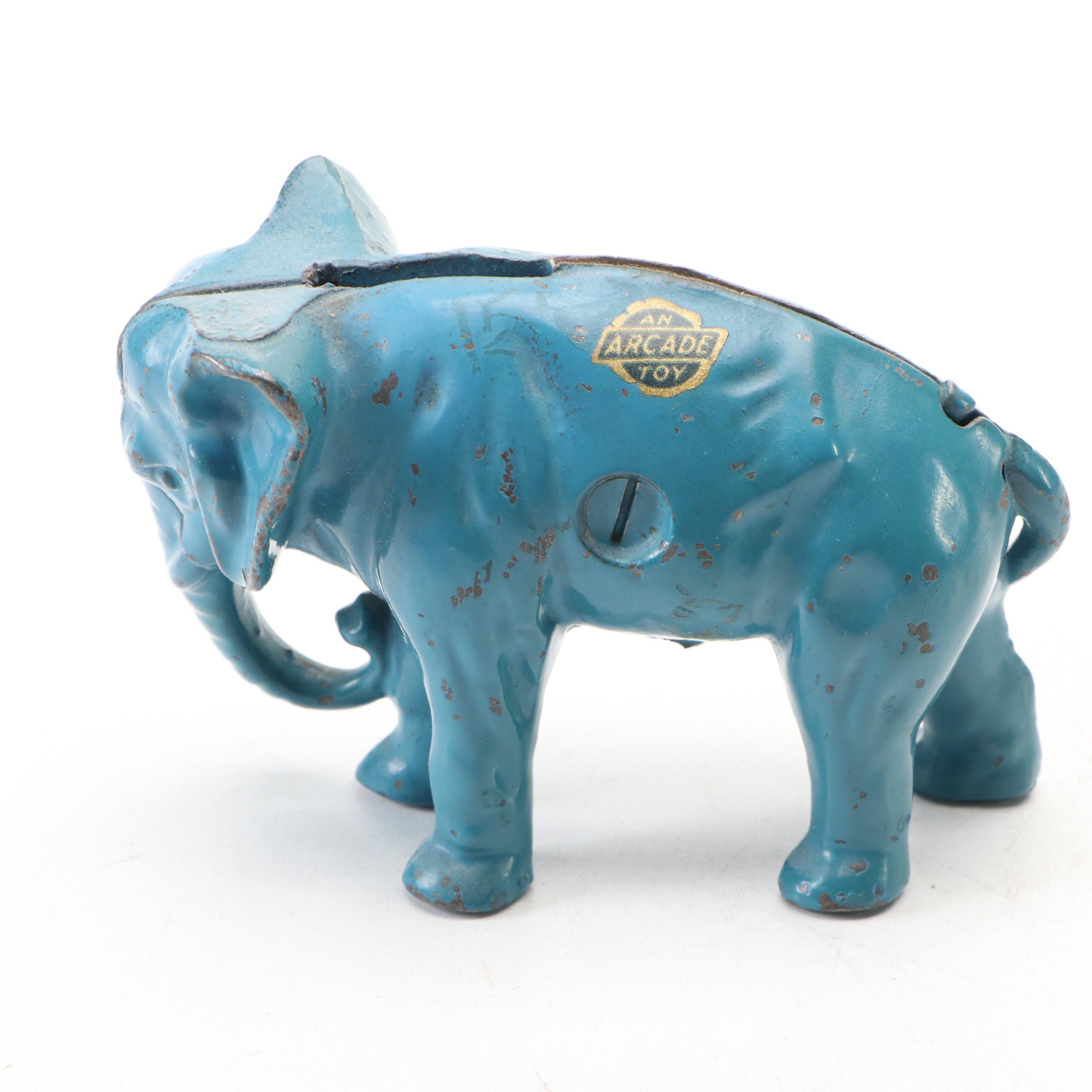 Turquoise Cold-Painted Cast Iron Baby Elephant Coin Bank