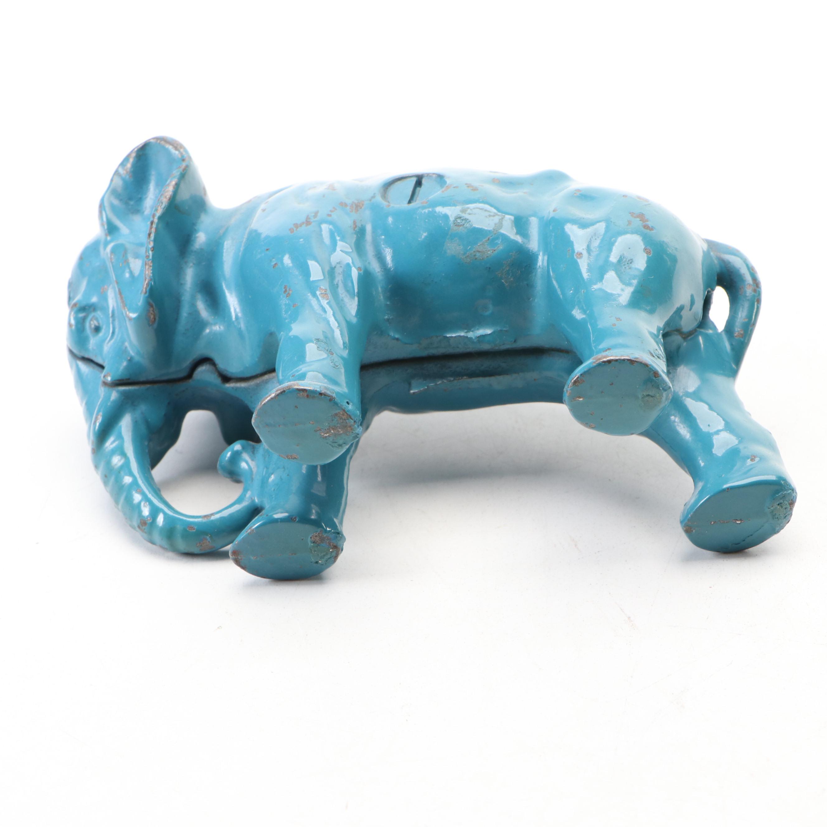 Turquoise Cold-Painted Cast Iron Baby Elephant Coin Bank