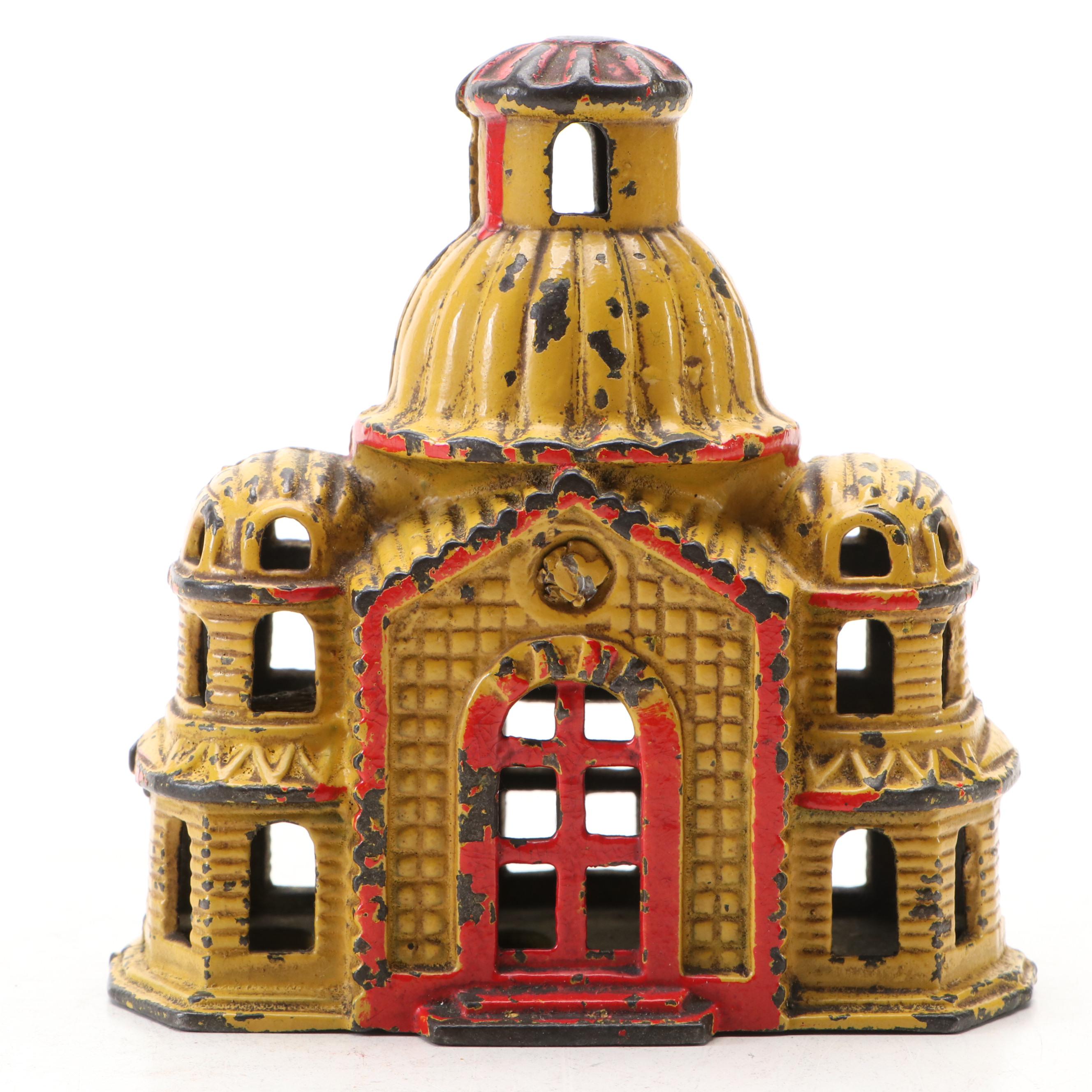 Polychrome Cold-Painted Cast Iron Domed Roof Mosque Coin Bank