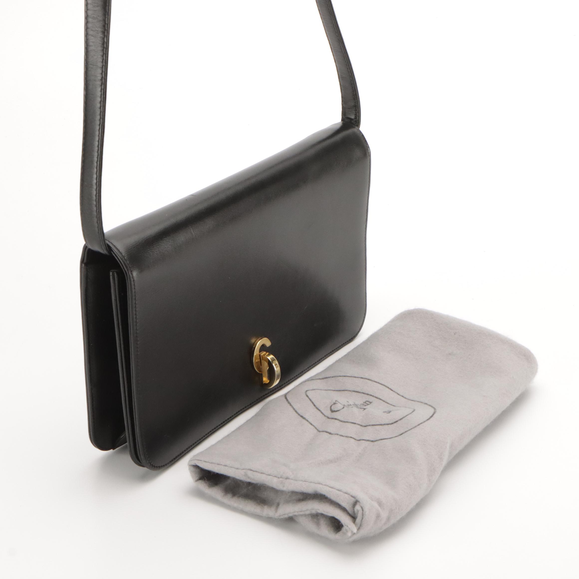 Christian Dior Vintage Black Calfskin Leather Flap-Front Shoulder Bag, With Box