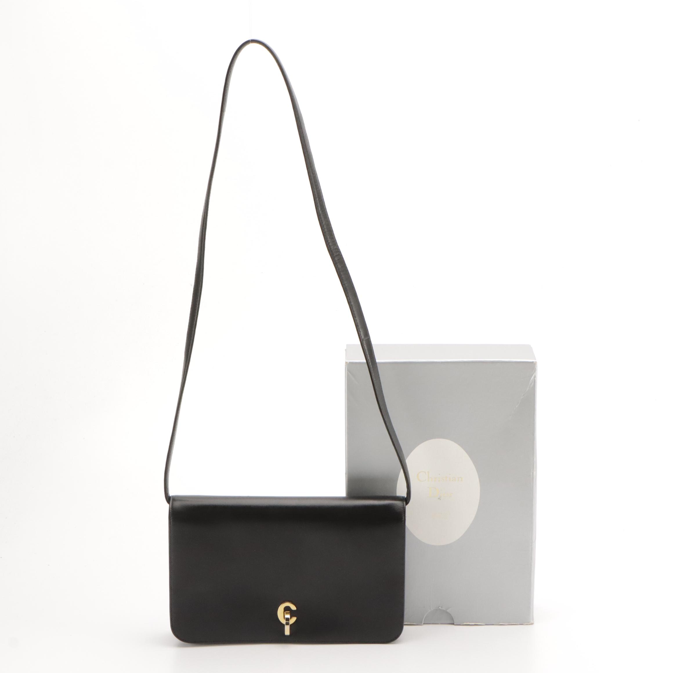 Christian Dior Vintage Black Calfskin Leather Flap-Front Shoulder Bag, With Box