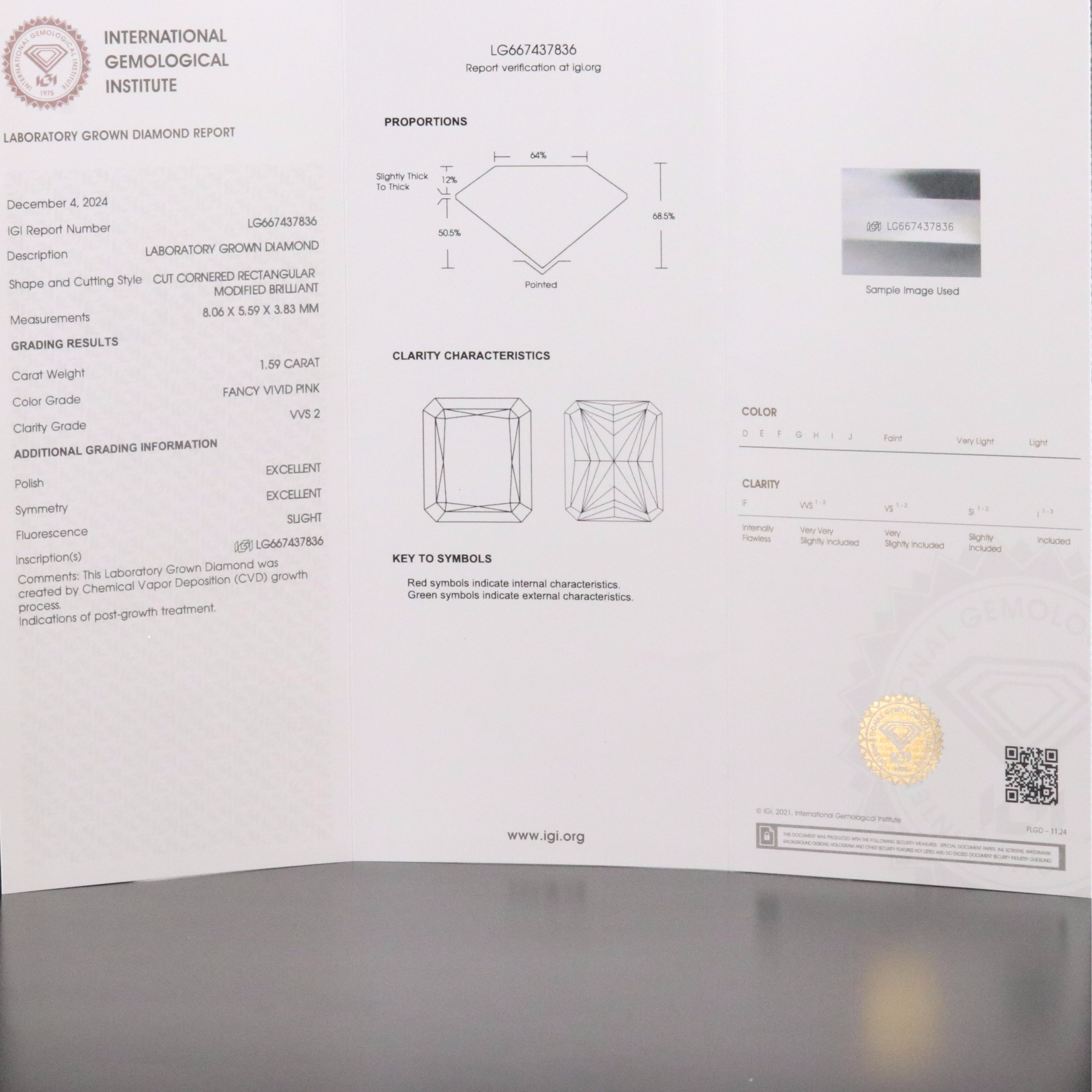 Loose 1.59 CT Lab Grown Fancy Pink Diamond with IGI Report