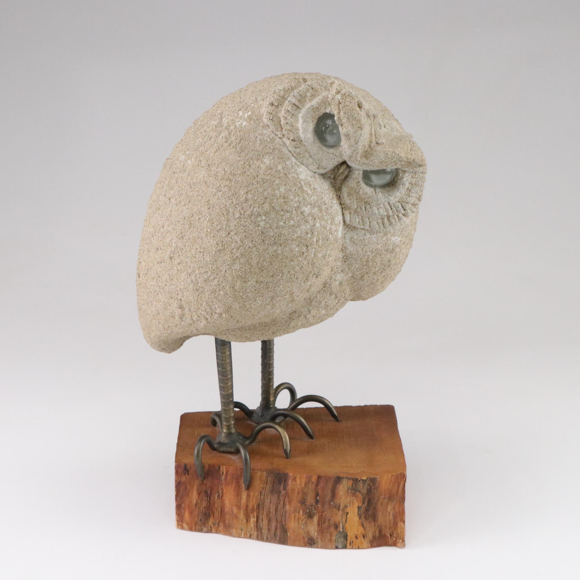 Lou Rankin Concrete, Glass and Bronze Owl Sculpture on Live Edge Wood Base, 1964