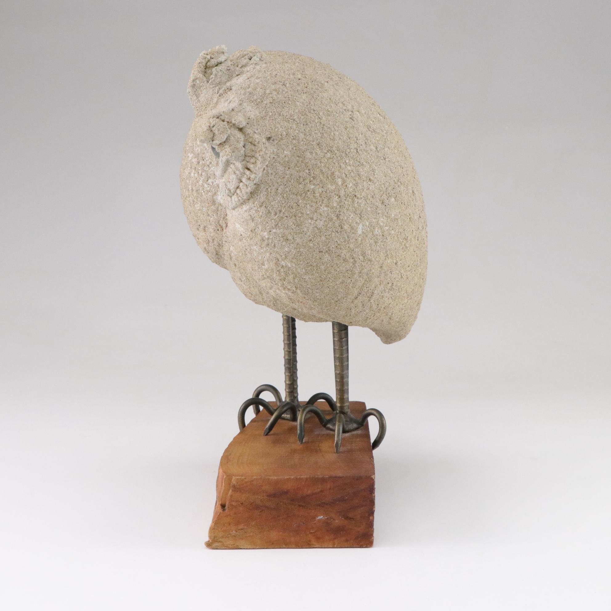 Lou Rankin Concrete, Glass and Bronze Owl Sculpture on Live Edge Wood Base, 1964