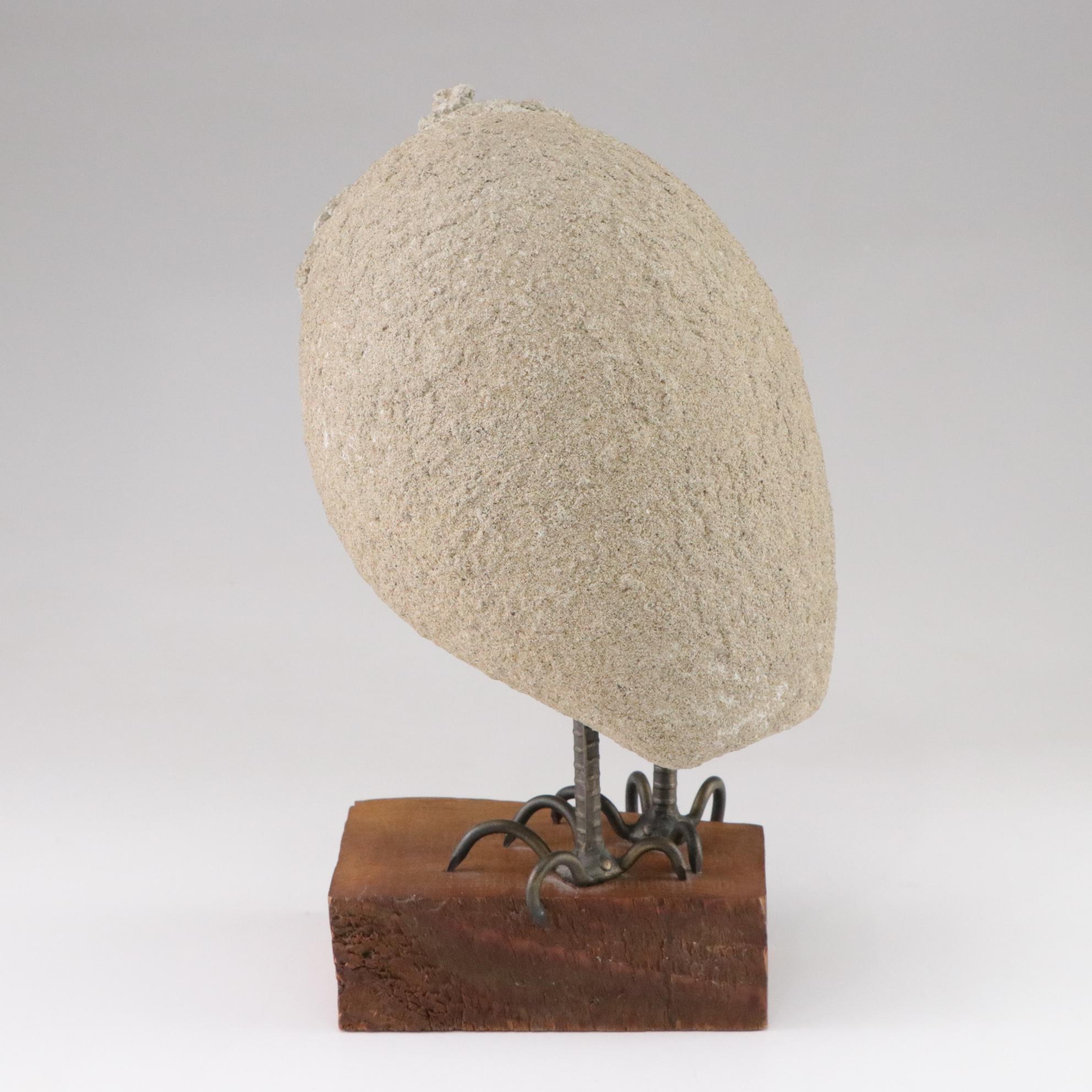 Lou Rankin Concrete, Glass and Bronze Owl Sculpture on Live Edge Wood Base, 1964
