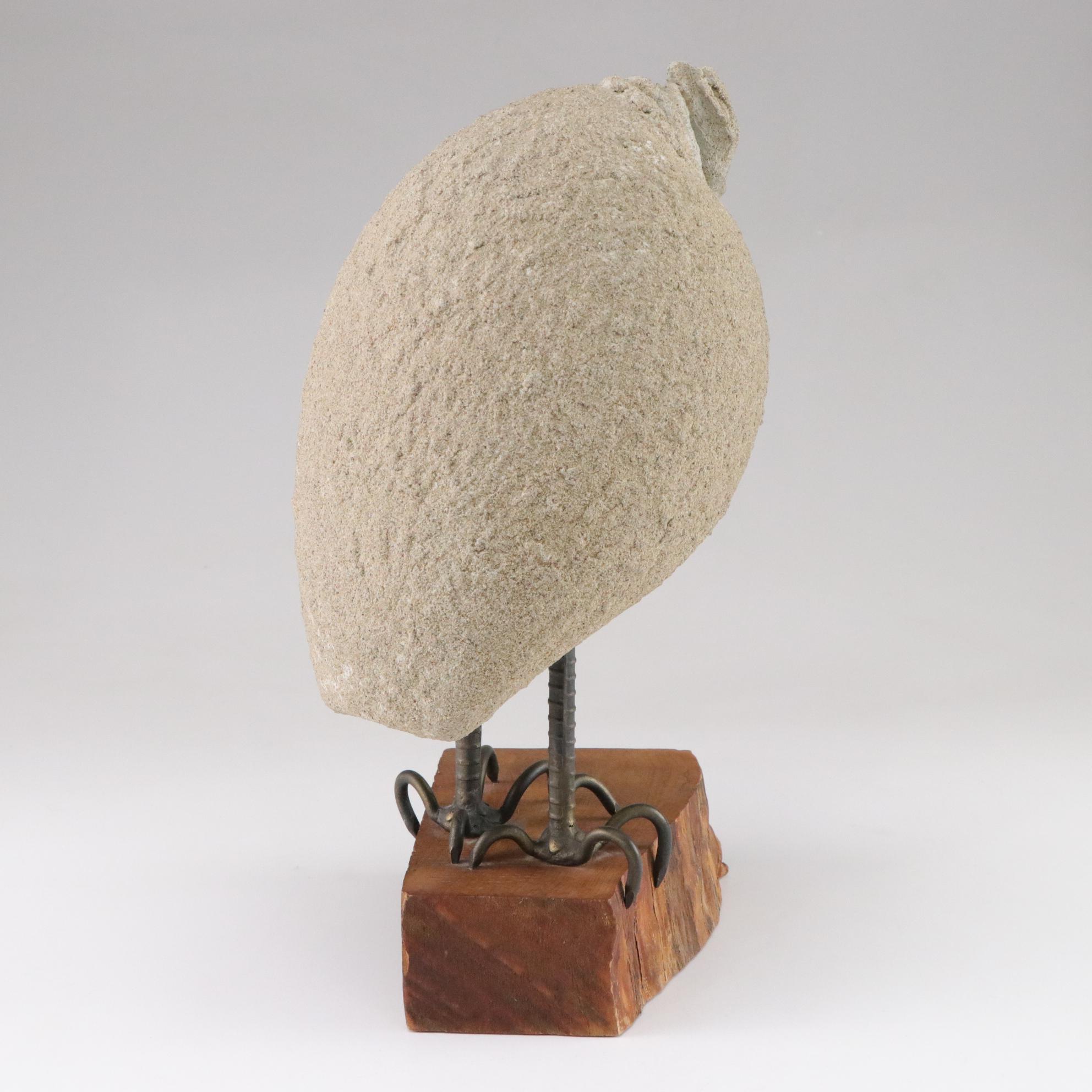 Lou Rankin Concrete, Glass and Bronze Owl Sculpture on Live Edge Wood Base, 1964