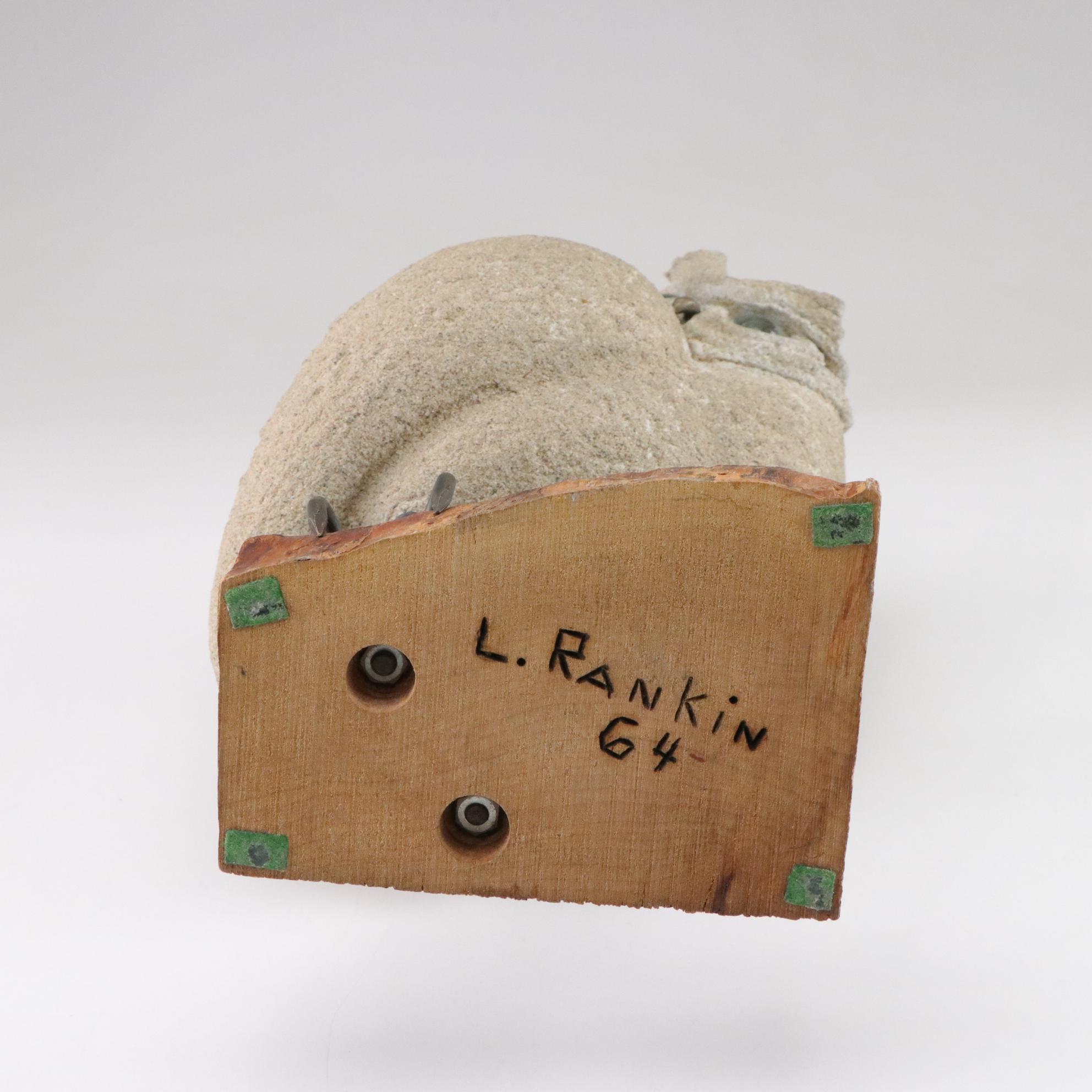 Lou Rankin Concrete, Glass and Bronze Owl Sculpture on Live Edge Wood Base, 1964