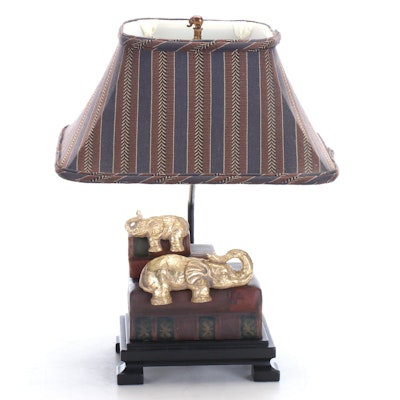 Gilt Resin Elephants and Books Table Lamp with Custom Shade Gilt Resin Elephants and Books Table Lamp with Custom Shade