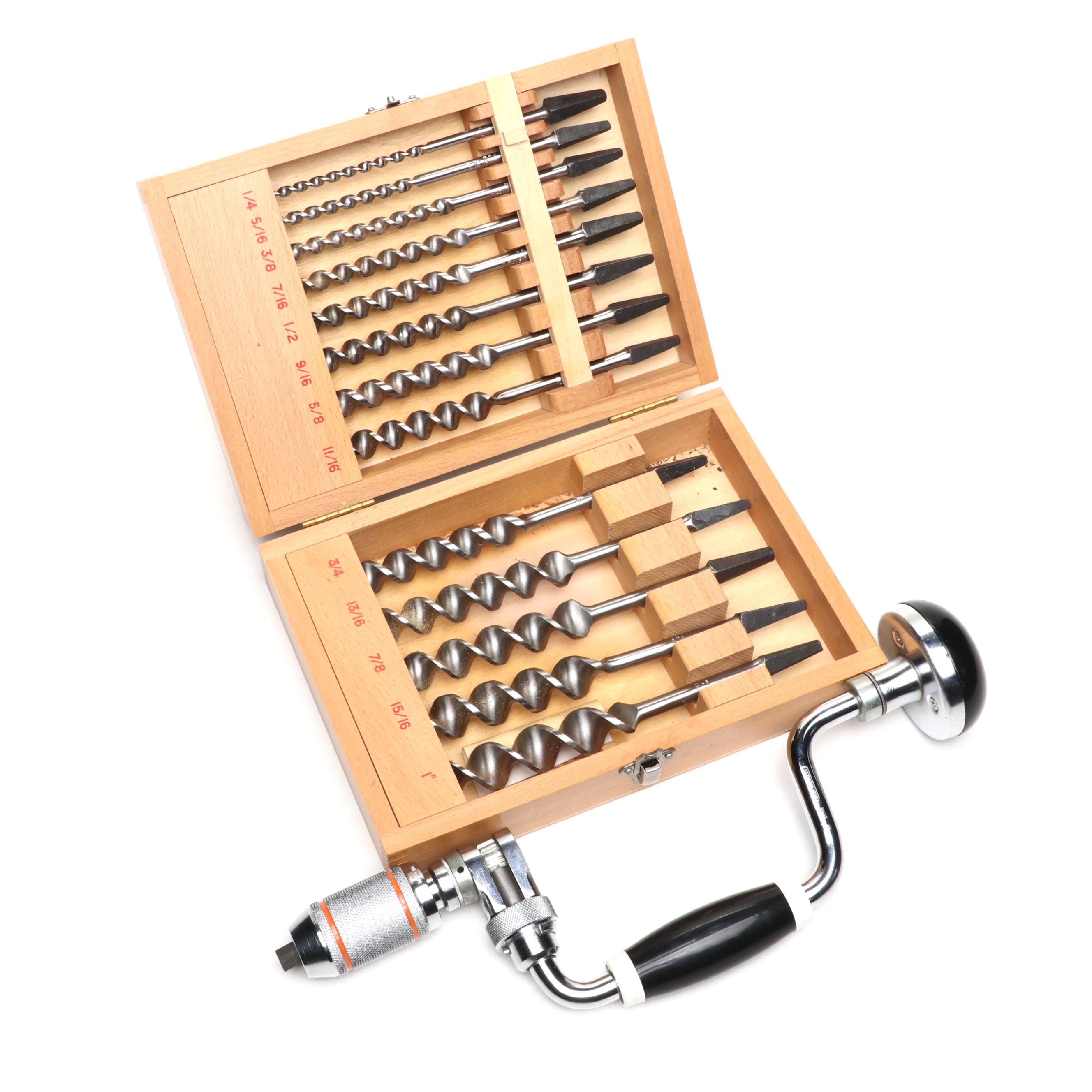 Ridgway 13 Pc. Auger Bit Set with Stanley 3" Radius Brace Drill, 1970s