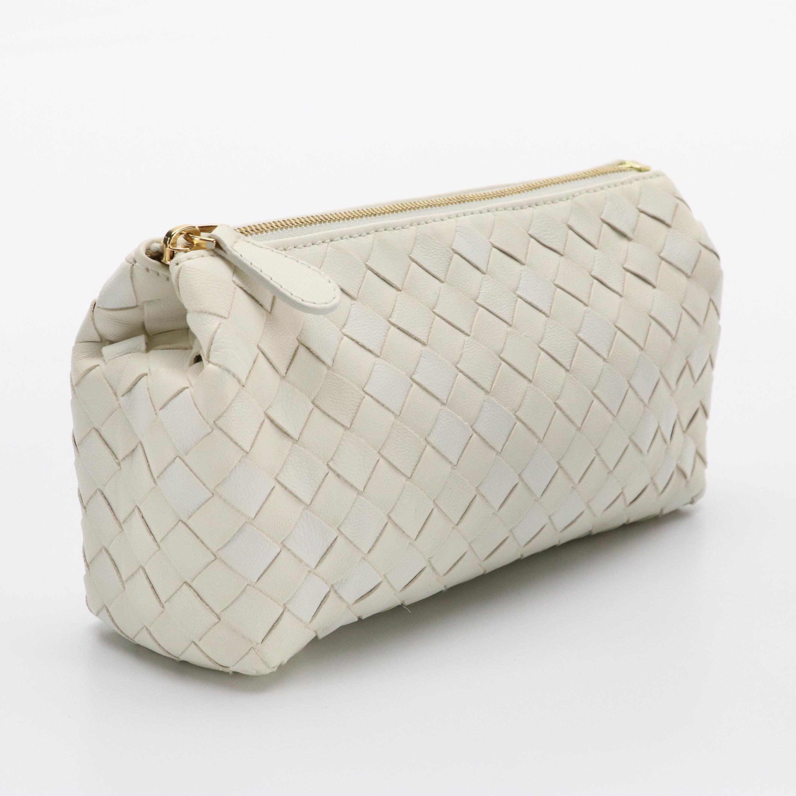 Bottega Veneta White Intrecciato Leather Zip Pouch