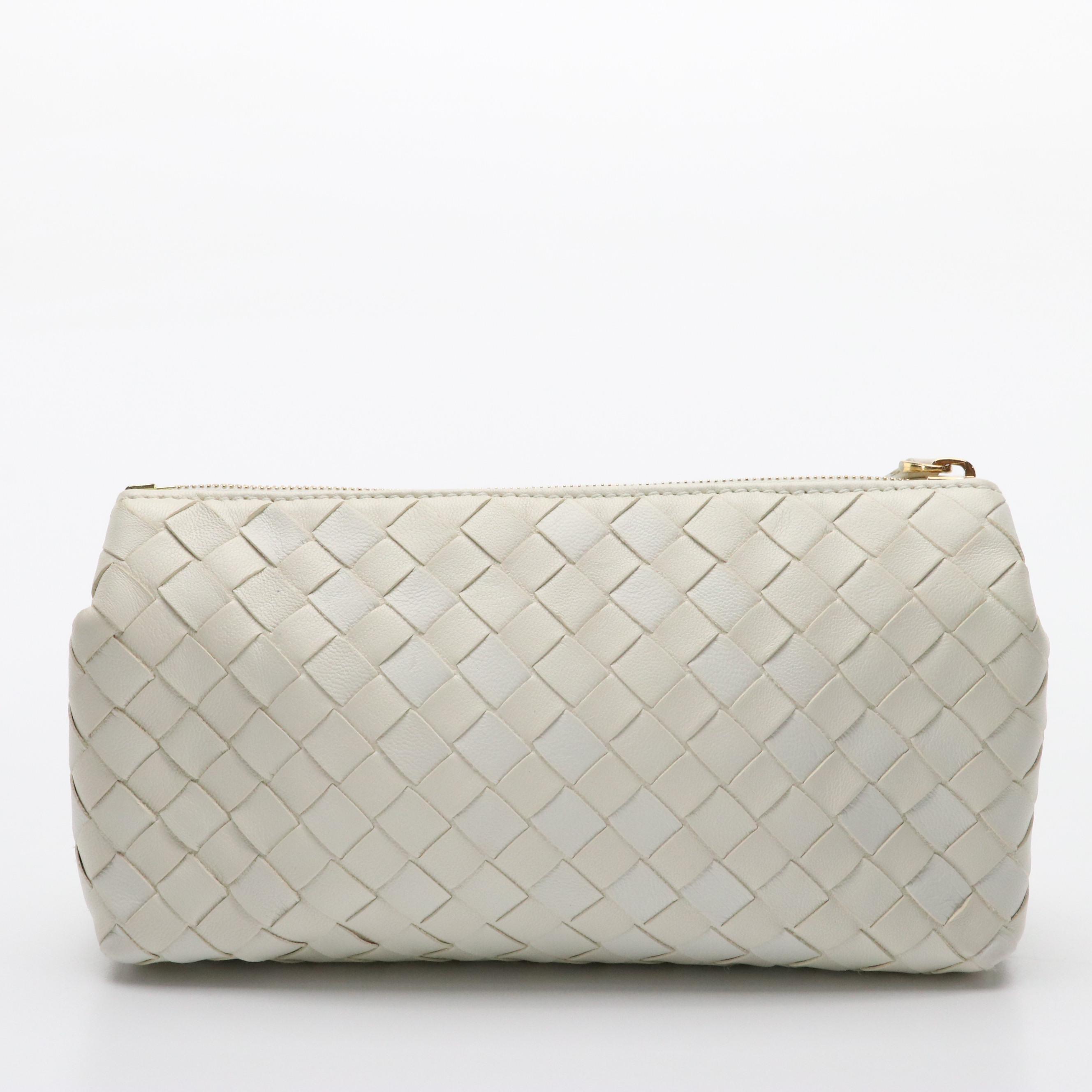 Bottega Veneta White Intrecciato Leather Zip Pouch