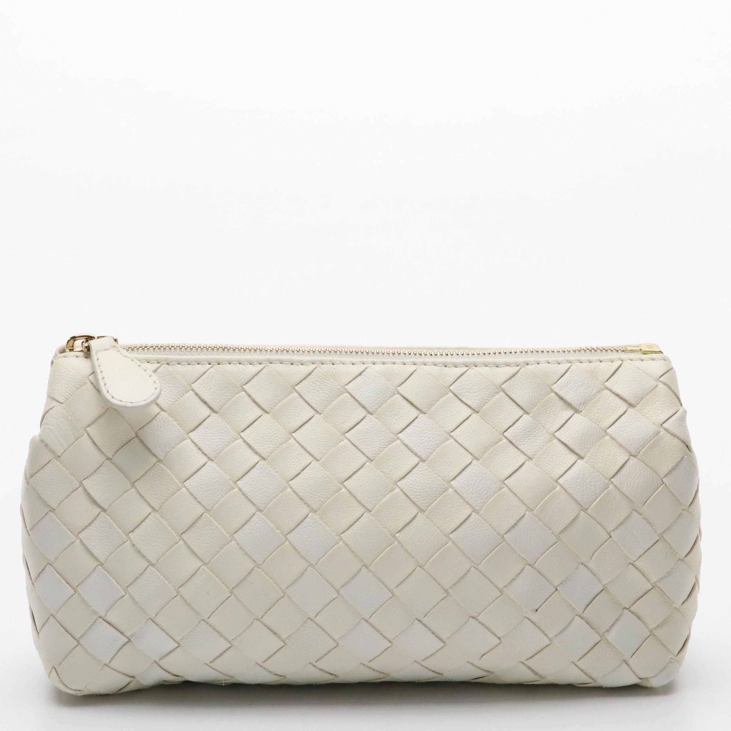 Bottega Veneta White Intrecciato Leather Zip Pouch
