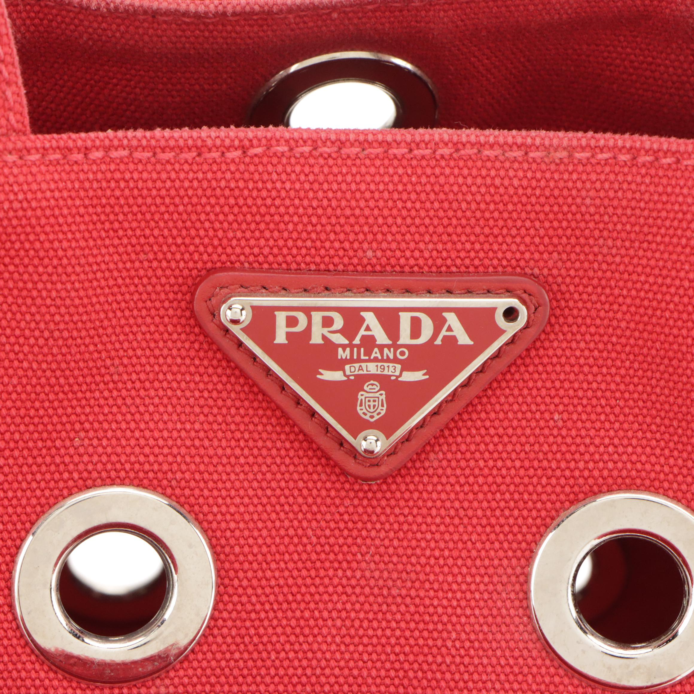 Prada Red Grommet Canapa Canvas Two-Way Tote Bag and Mini Zip-Around Pouch