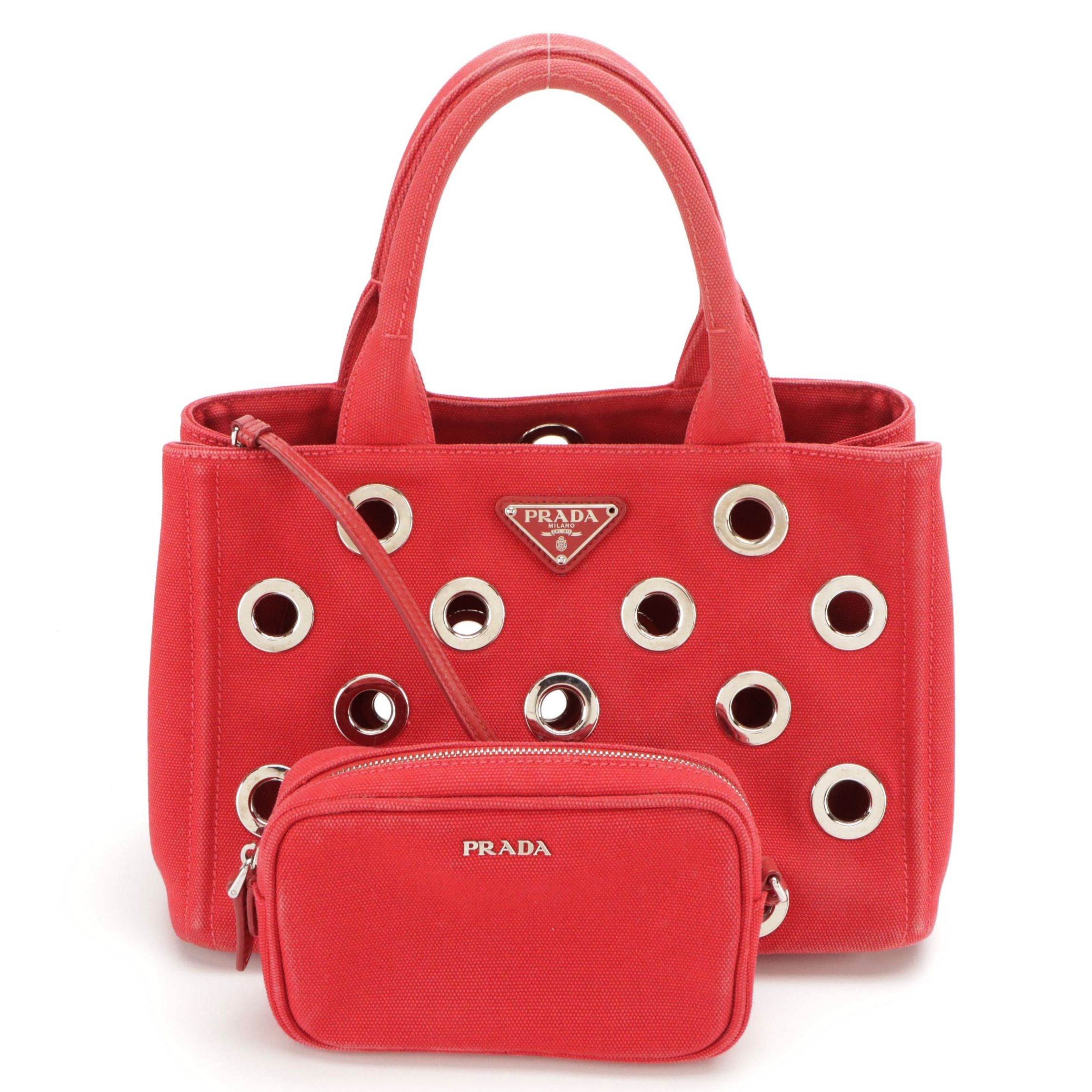 Prada Red Grommet Canapa Canvas Two-Way Tote Bag and Mini Zip-Around Pouch