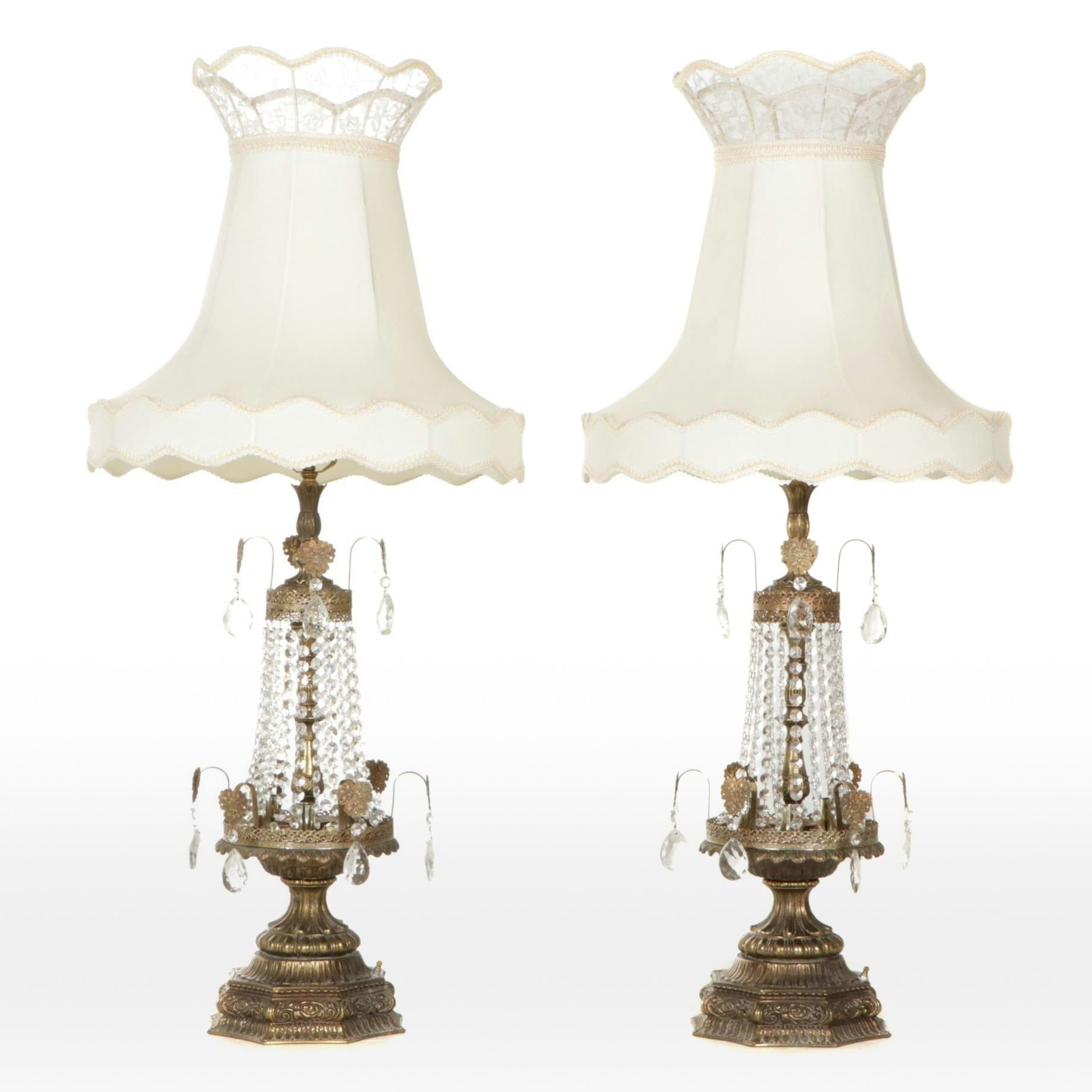 Hollywood Regency Crystal and Filigree Metal Table Lamps, Victorian Lace Shades
