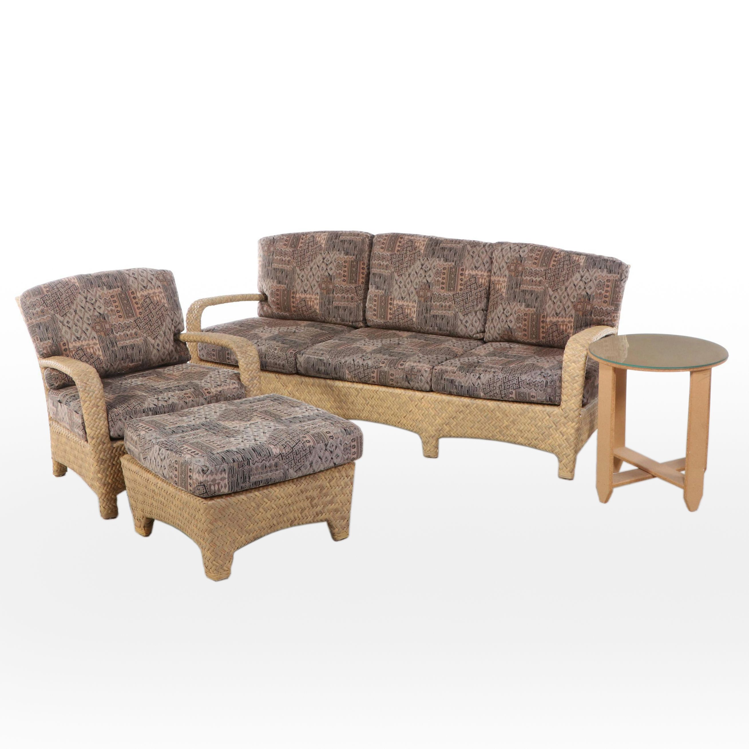 Resin Wicker Patio Sofa, Armchair, and Ottoman with Wooden Accent Table