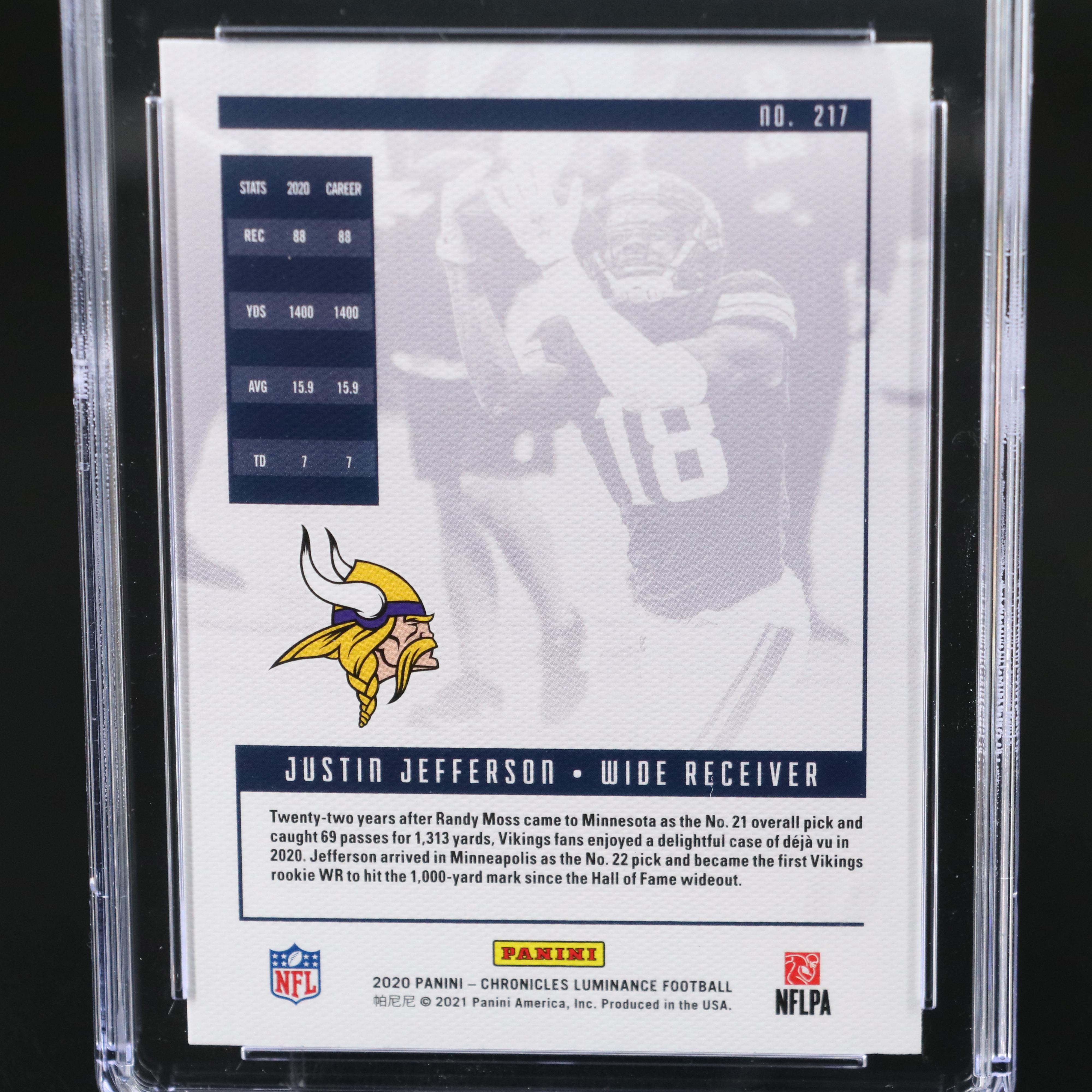 2020 Chronicles Justin Jefferson Pink Rookie Football Card Graded CSG 10