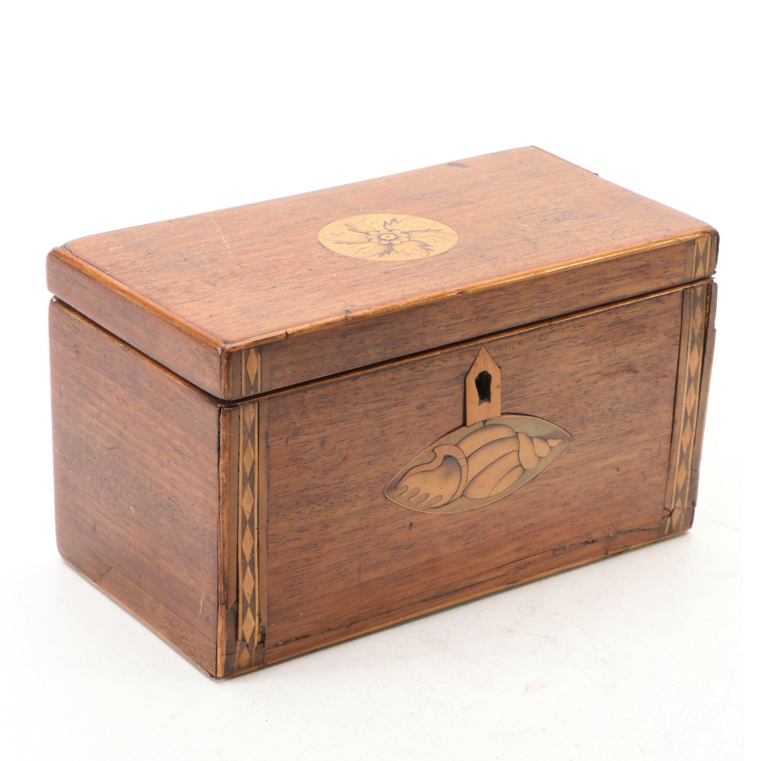Handmade Marquetry Wood Tea Caddy, Antique