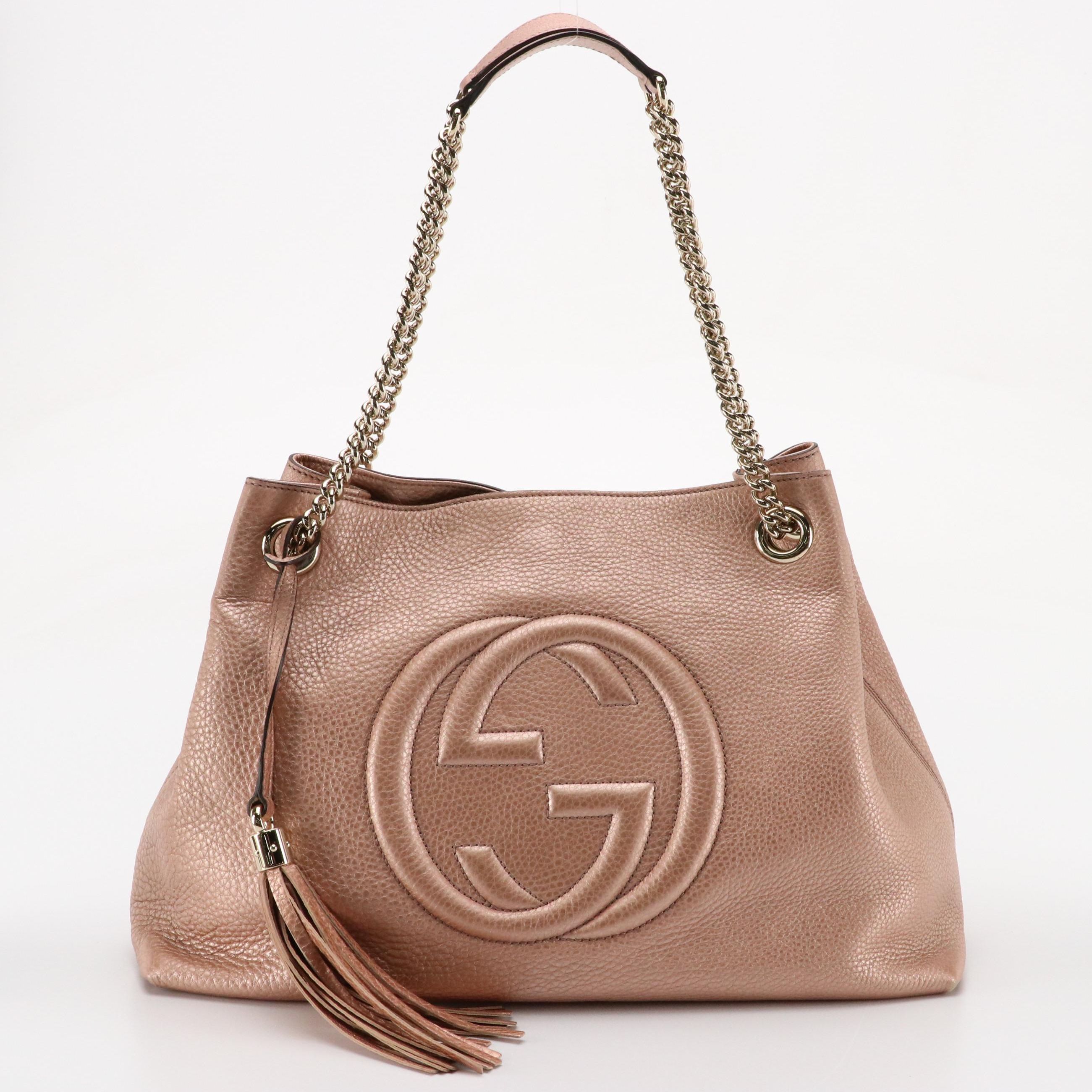 Gucci Soho Chain Medium Bag in Metallic Blush Pink Pebbled Leather