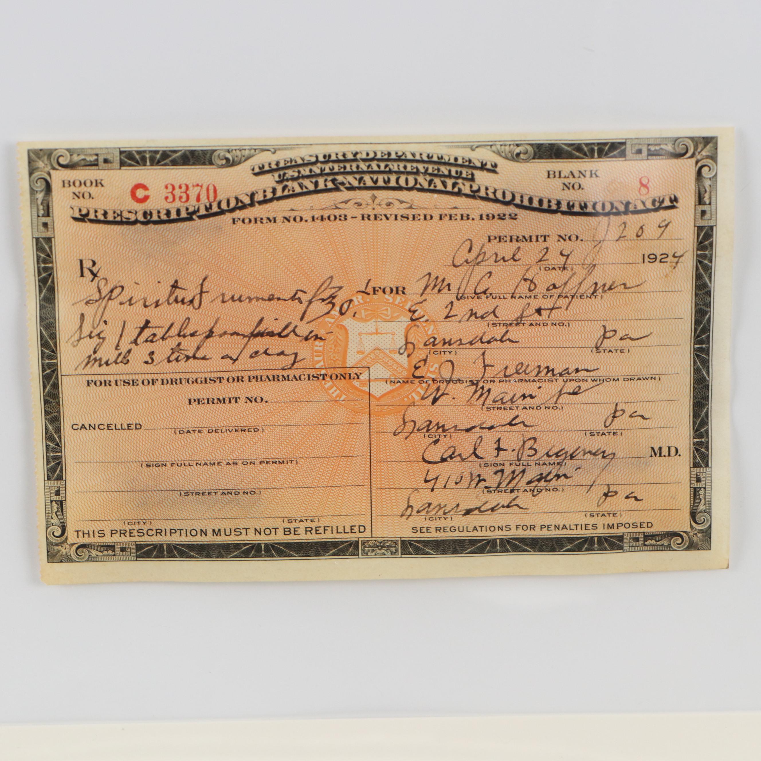 Prohibition Era Prescription Form, 1924