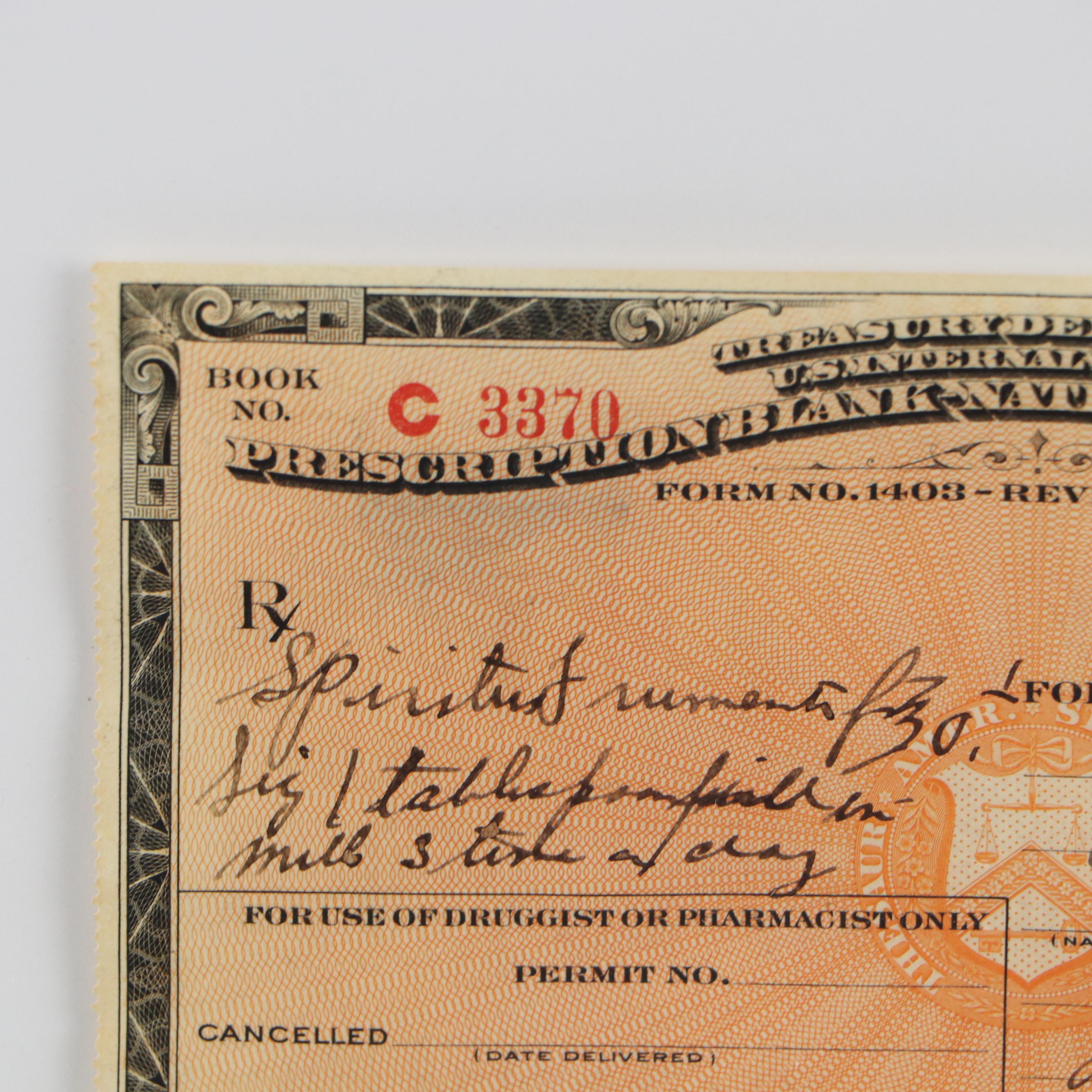 Prohibition Era Prescription Form, 1924