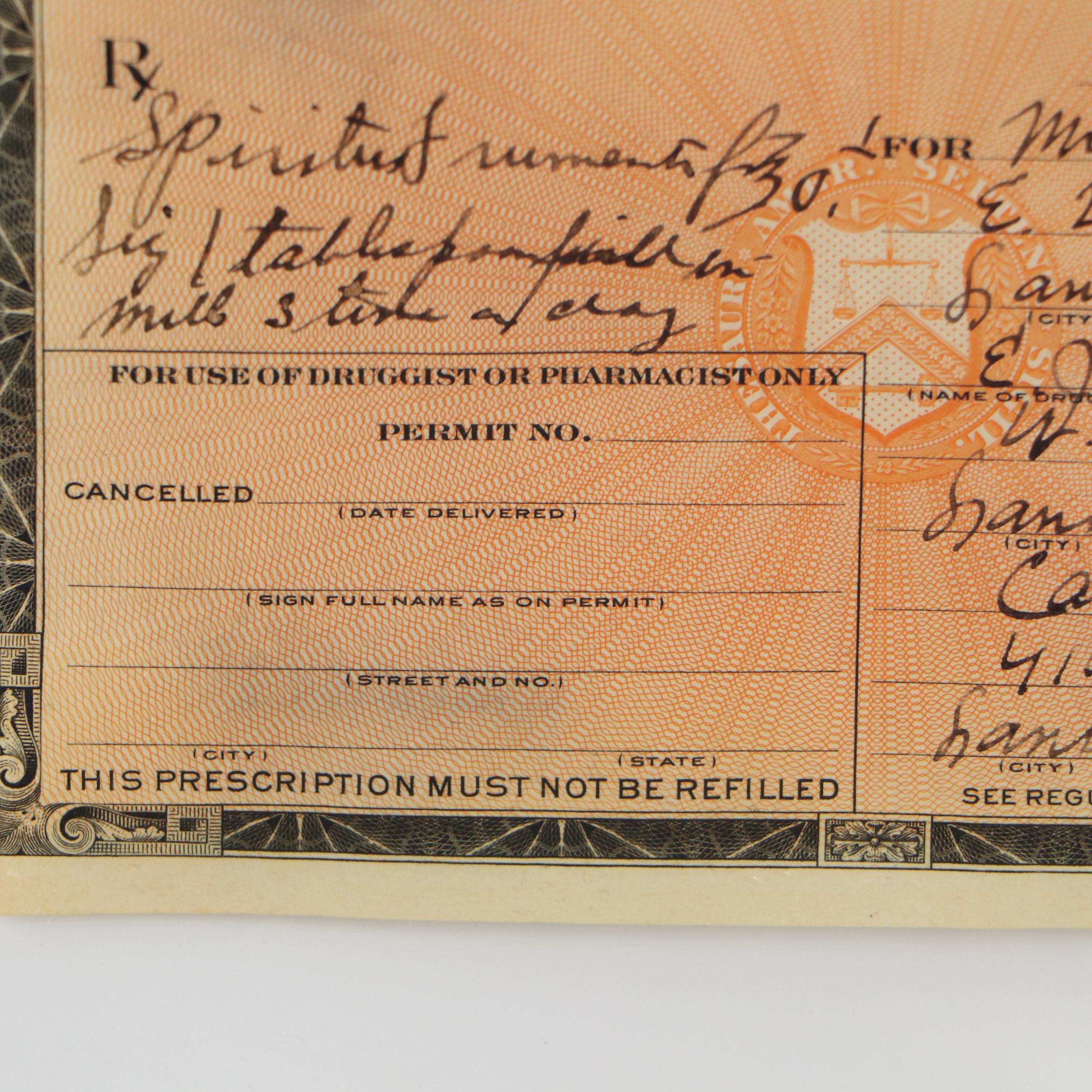 Prohibition Era Prescription Form, 1924