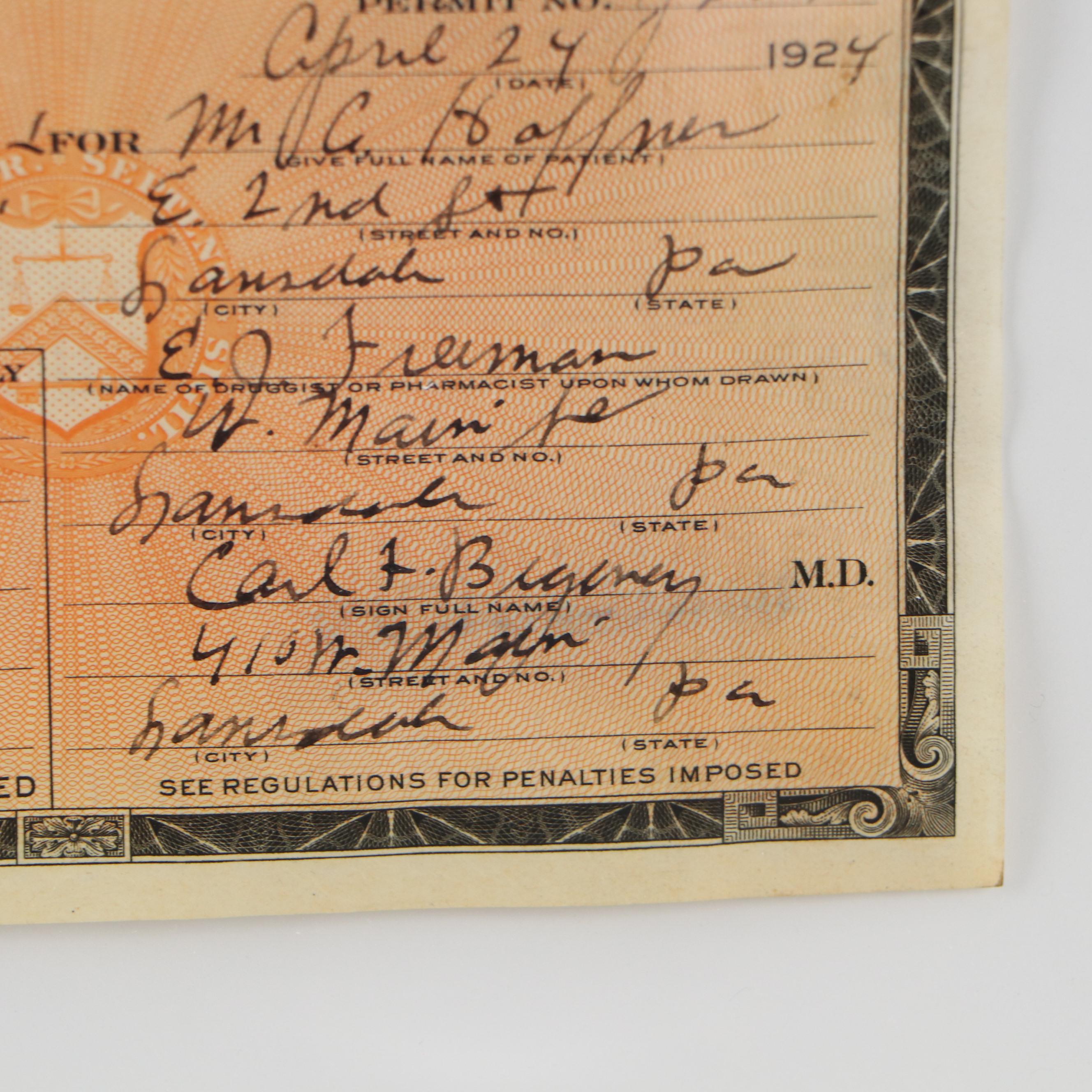 Prohibition Era Prescription Form, 1924