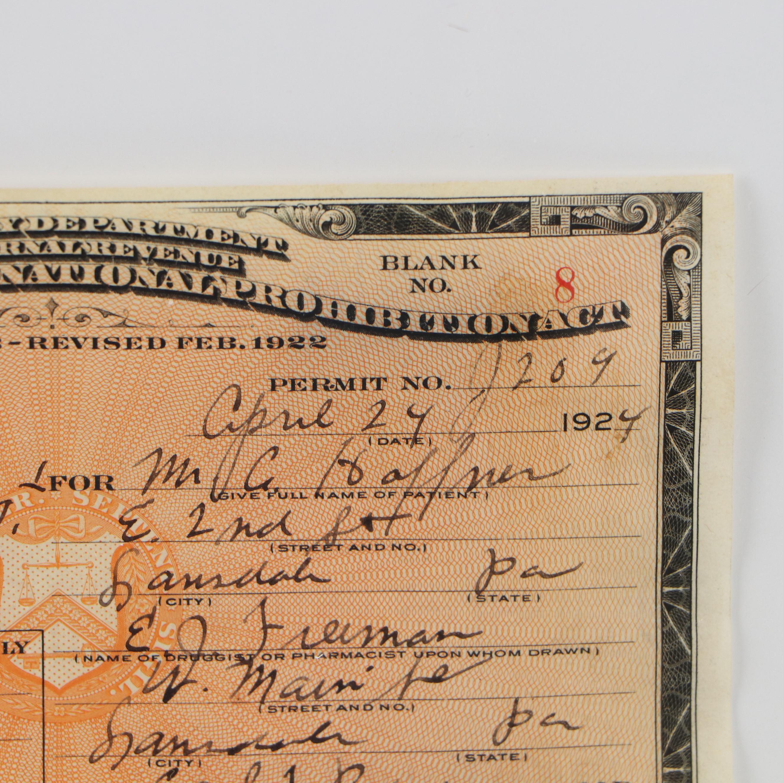 Prohibition Era Prescription Form, 1924
