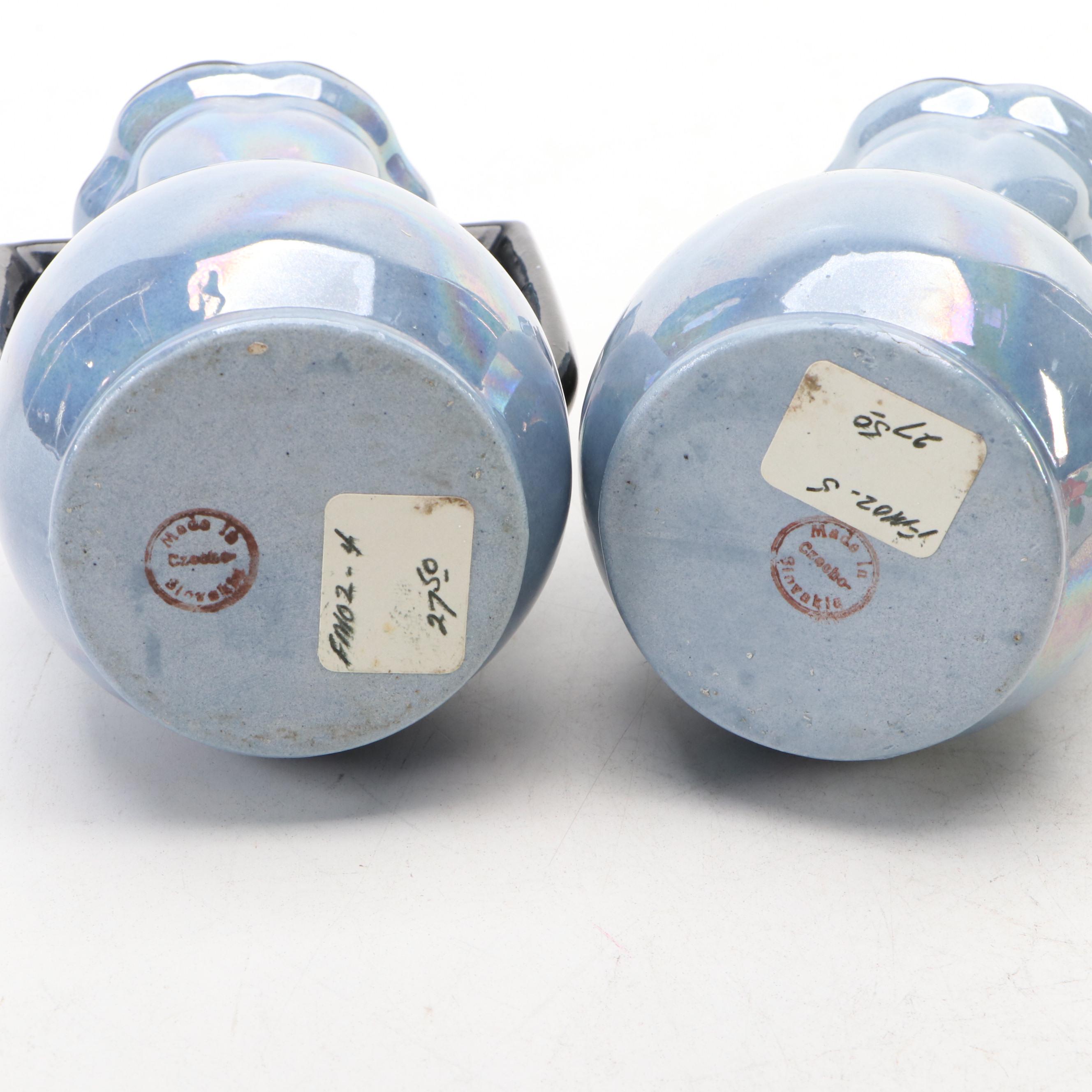 Japanese Hand-Painted Porcelain Lusterware Wall Pockets and Czech Vases