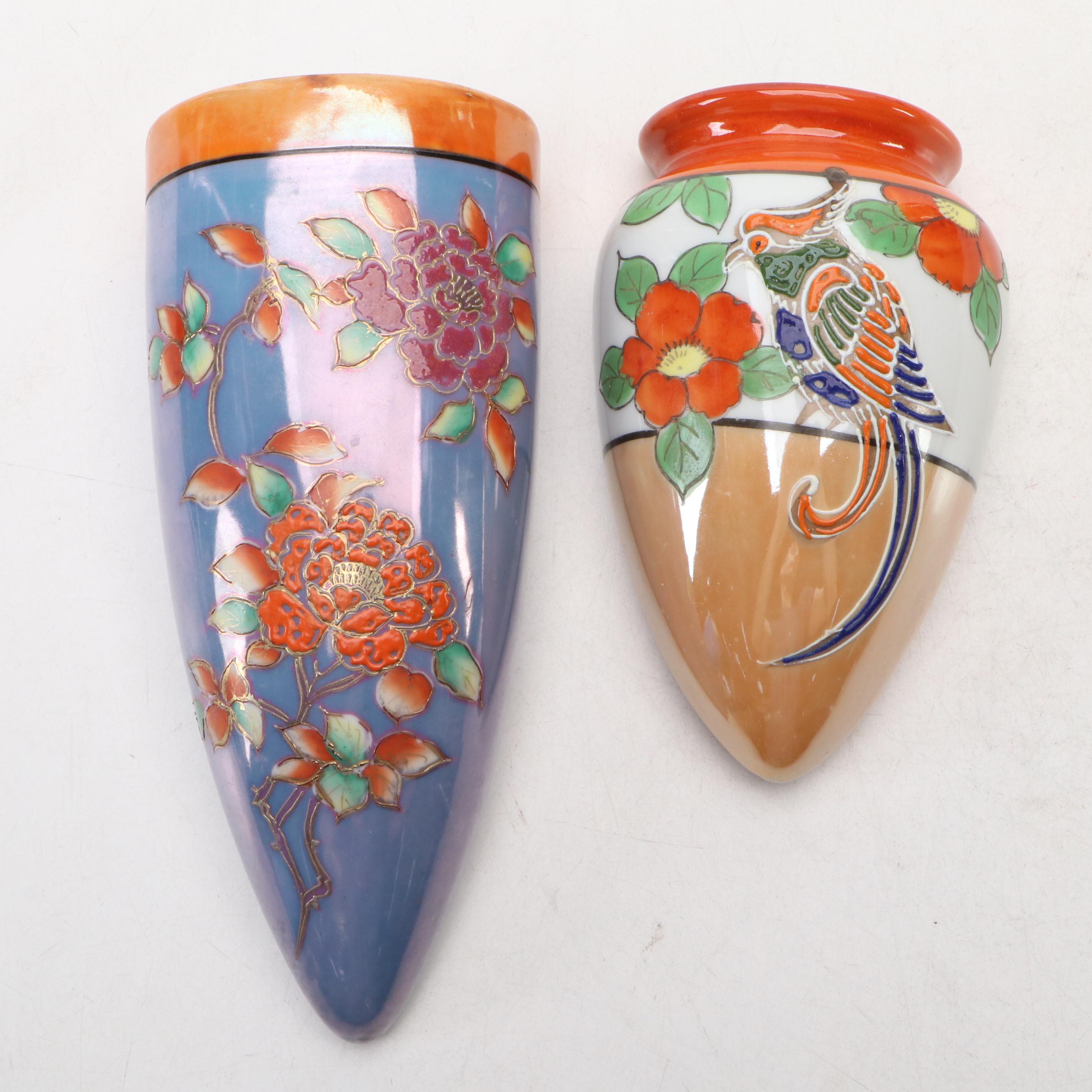 Japanese Hand-Painted Porcelain Lusterware Wall Pockets and Czech Vases