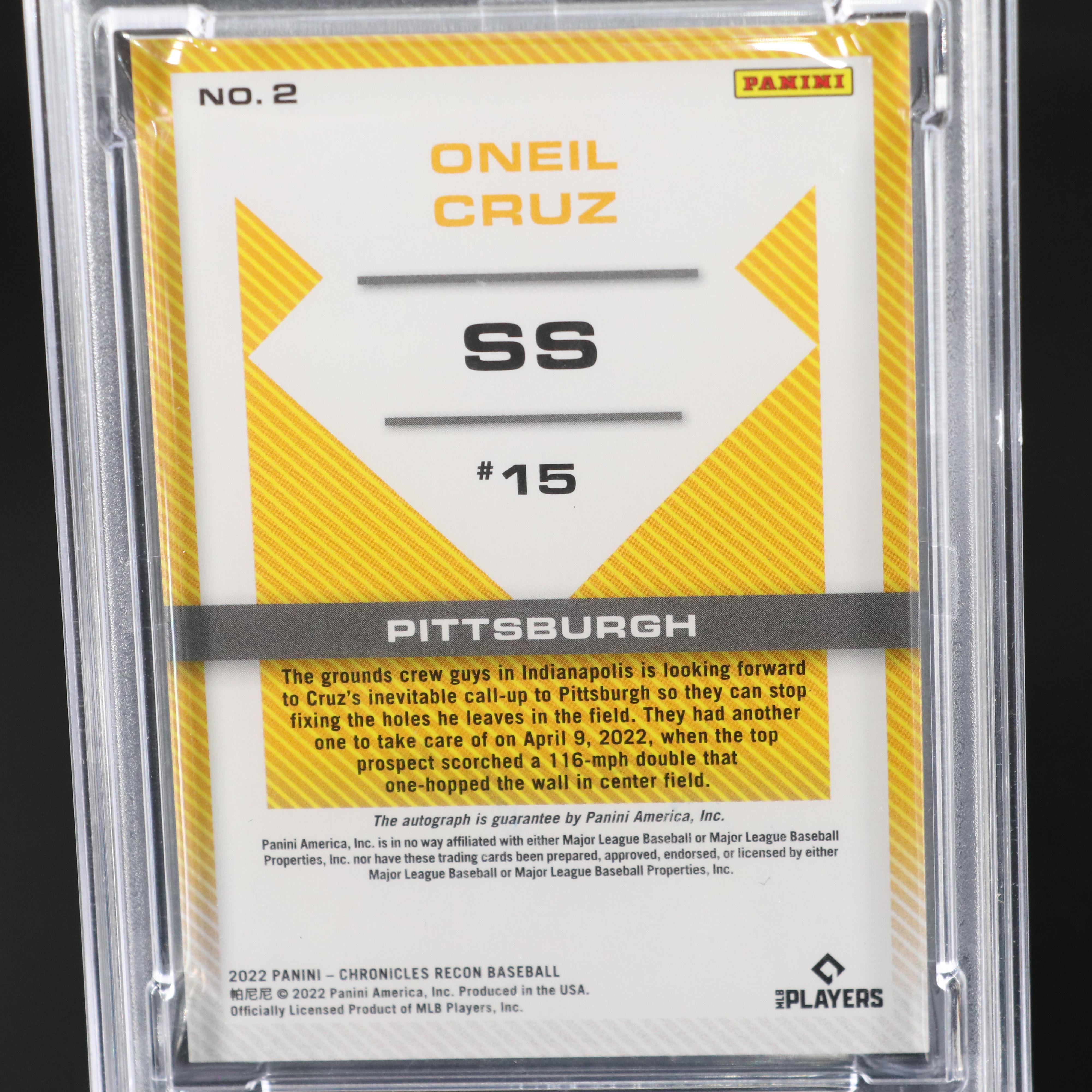 2022 Chronicles Oneil Cruz Signed Recon Baseball Card Graded PSA 8