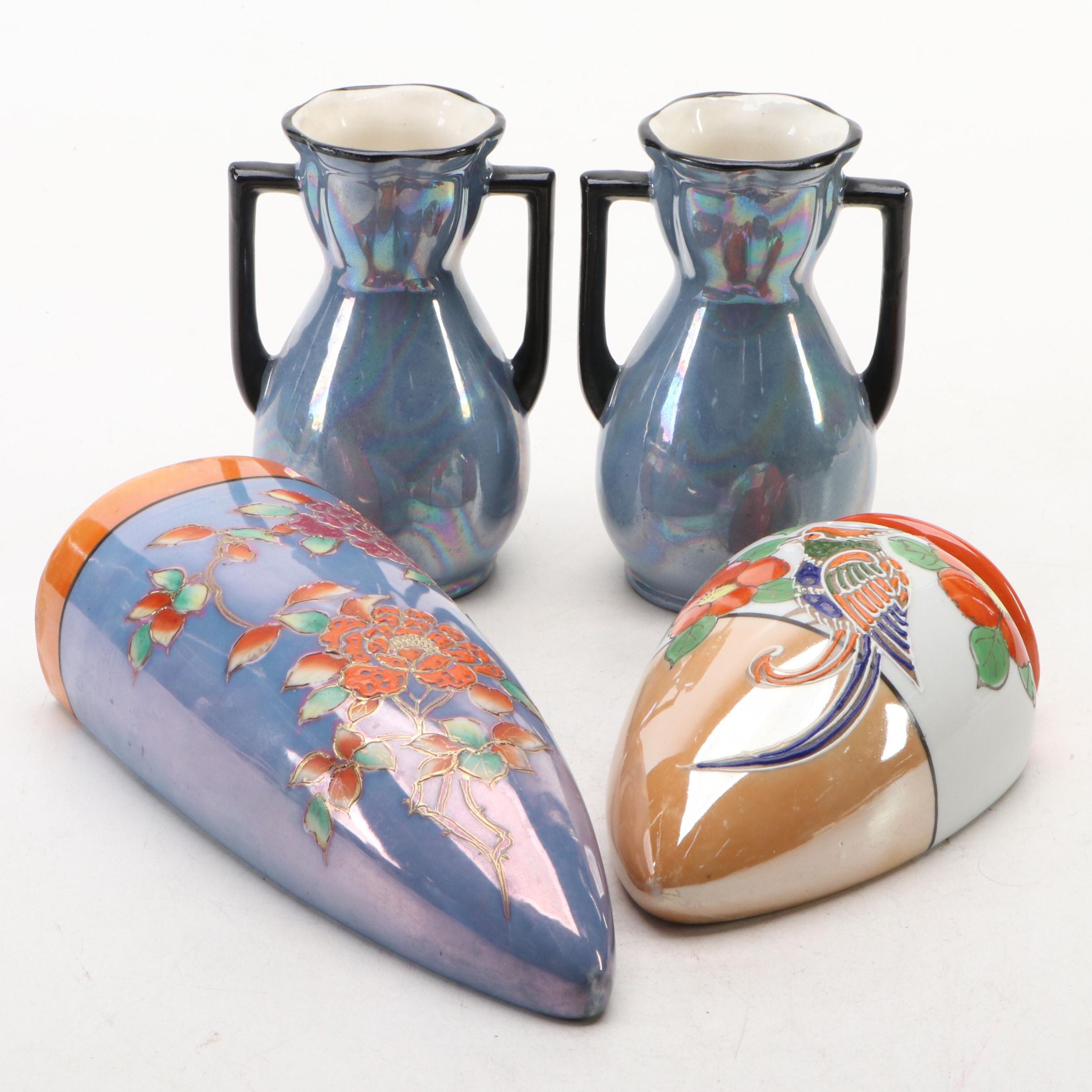 Japanese Hand-Painted Porcelain Lusterware Wall Pockets and Czech Vases