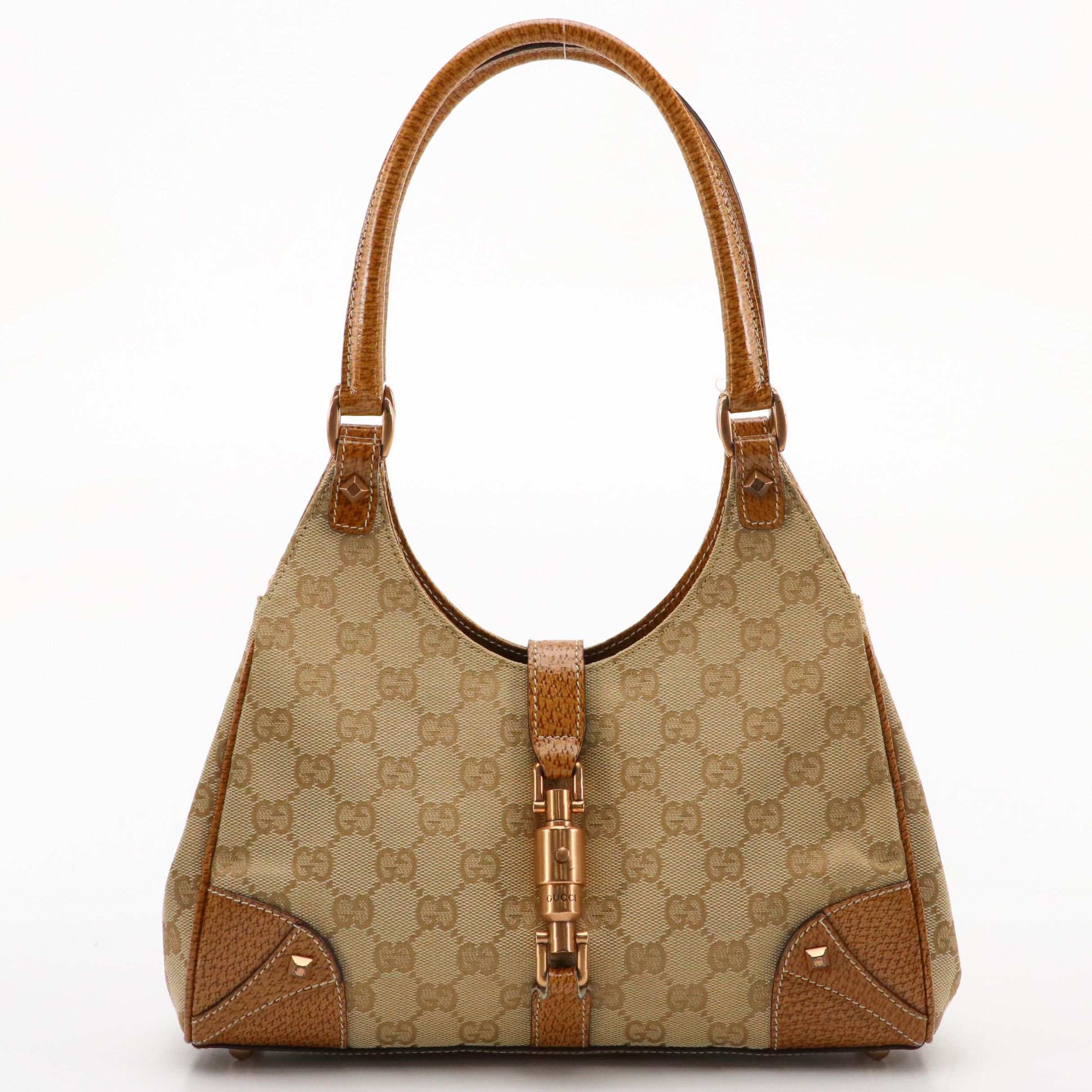 Gucci Bardot Shoulder Bag in GG Canvas with Studded Leather Trim