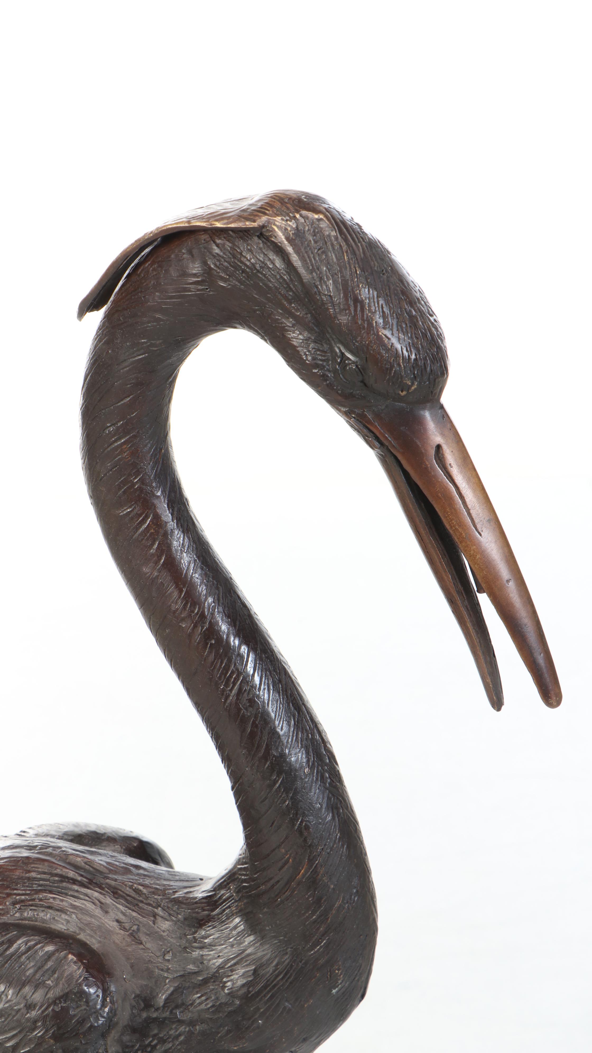 Life-Sized Patinated Cast Brass Heron Sculptures