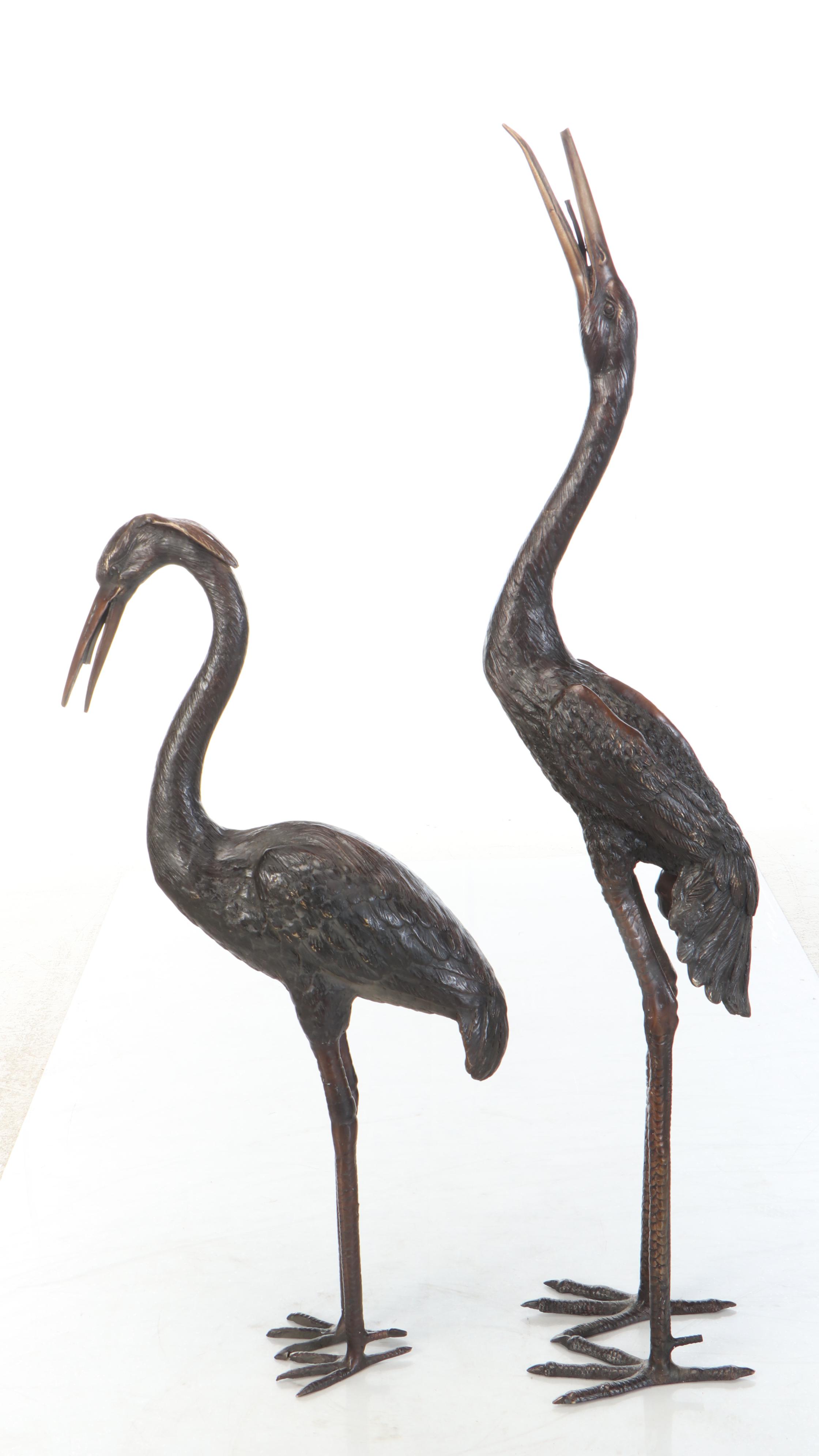 Life-Sized Patinated Cast Brass Heron Sculptures