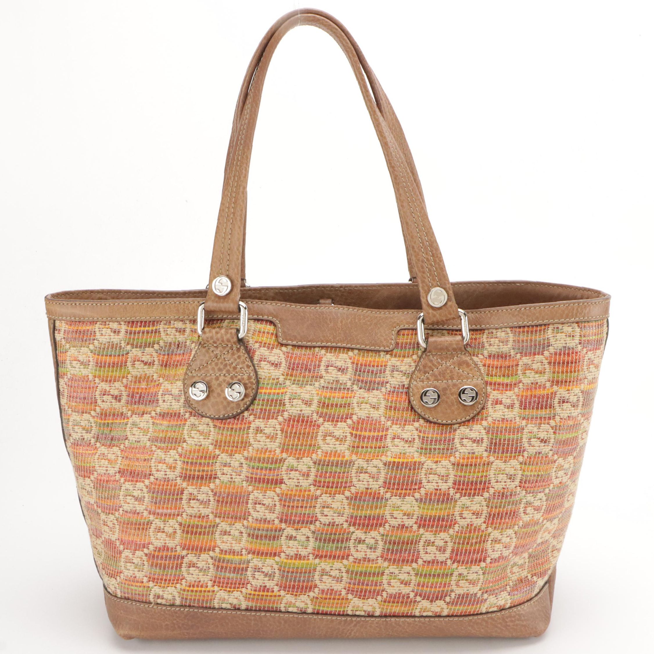 Gucci Multicolored GG Libeccio Straw Sunset Tote with Brown Grained Leather Trim